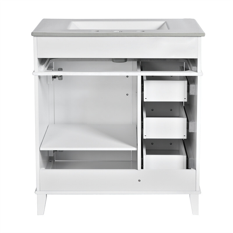 30in White Bathroom Vanity with Ceramic Freestanding Cabinet w/Door & 3 Drawers