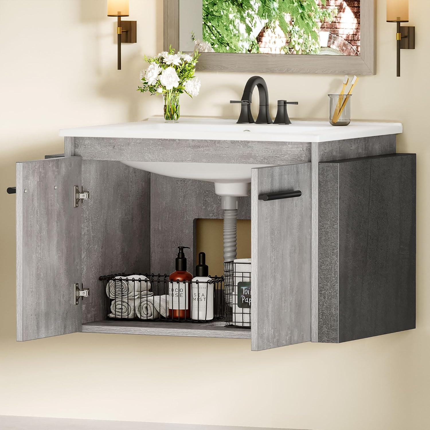 24″ Grey Wall-Mounted Bathroom Vanity with Sink & Soft-Close Double Doors