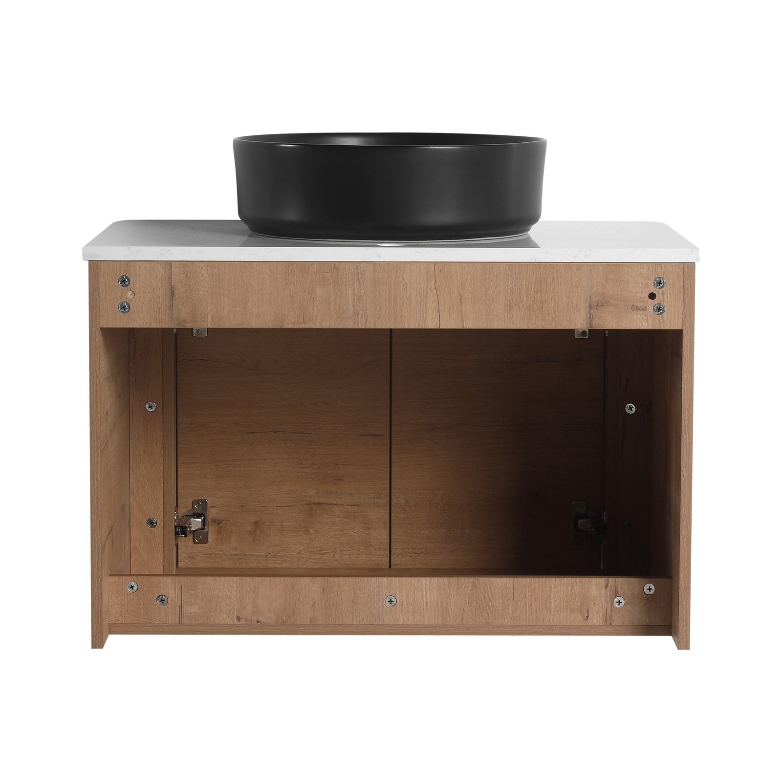 72″ Plywood Wall-Mounted Bathroom Vanity W/ Double Ceramic Black Sink + Shelves