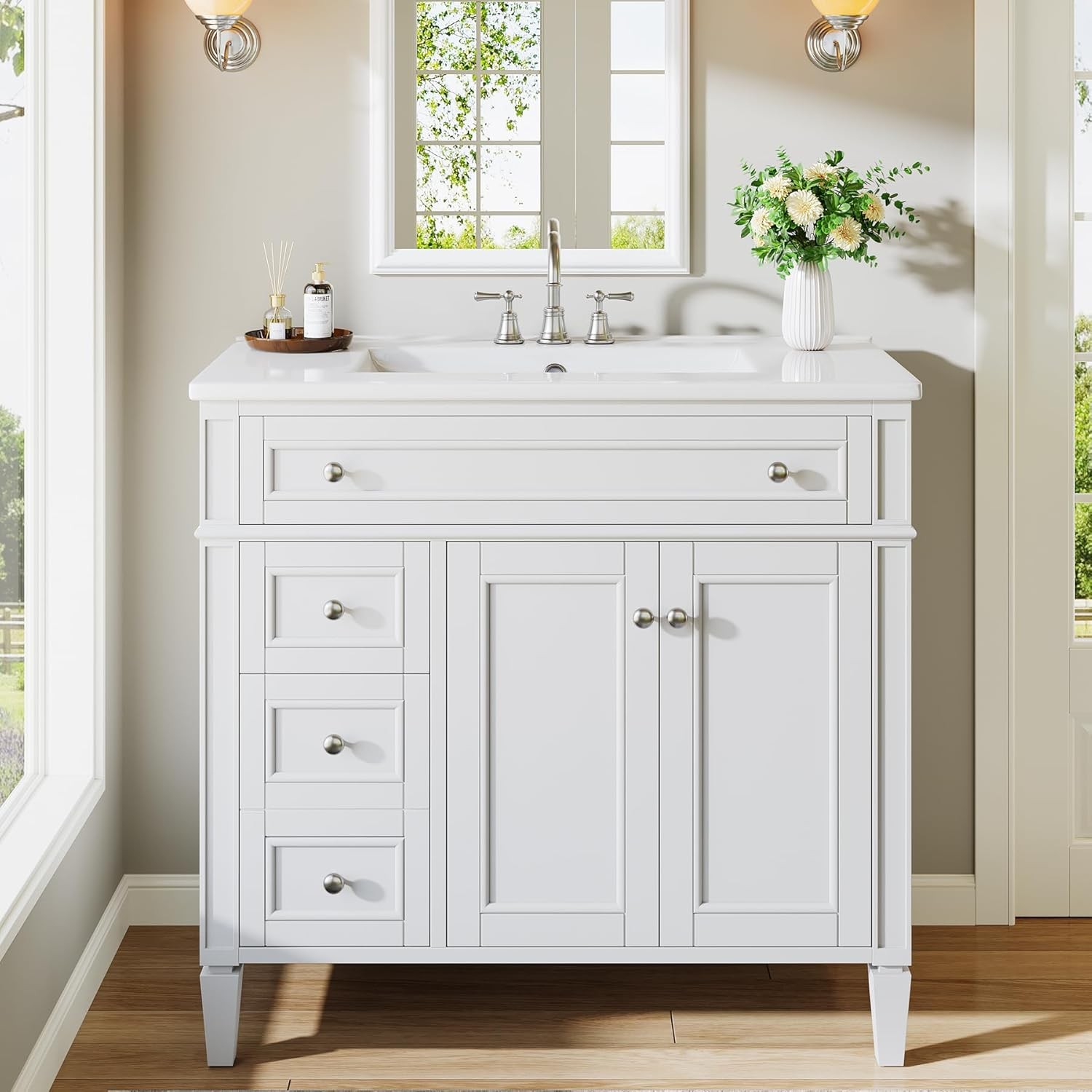 36″ Bathroom Vanity with Sink with 4 Drawers & 2 Doors, Bathroom Sink Cabinet