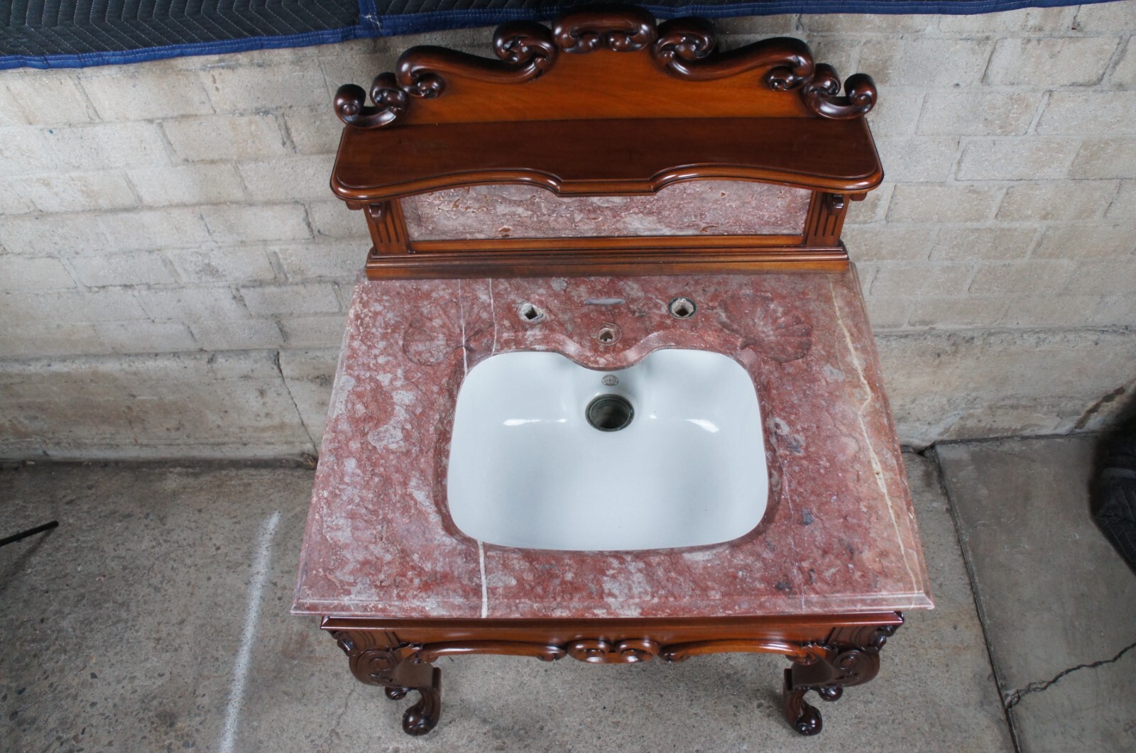 Rare Antique French Victorian Mahogany Marble Top Bathroom Vanity Porcelain Sink