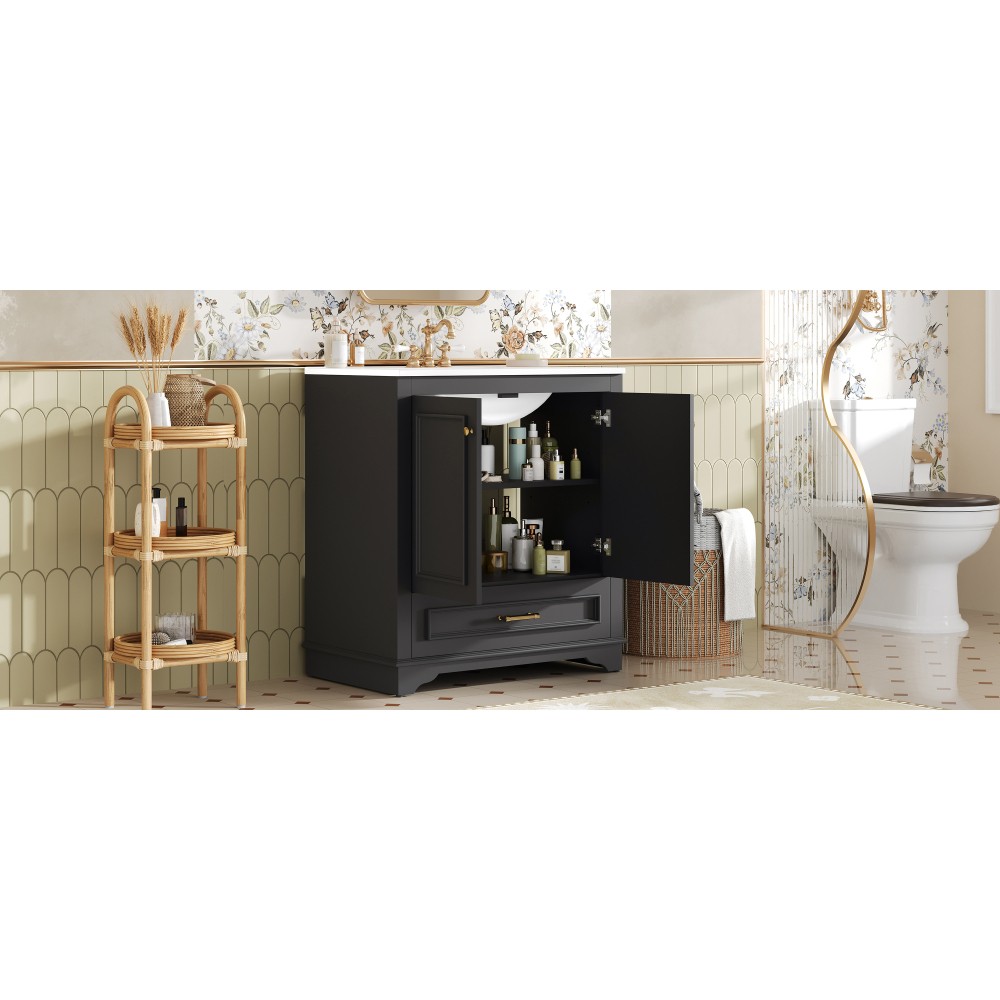 30″ Solid Wood Bathroom Vanity w/Ceramic Sink,2 Soft Close Doors,Storage Cabinet