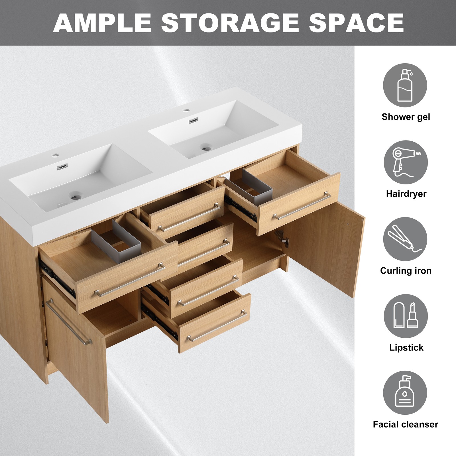 60 in Plywood Bathroom Vanity Freestanding W/Double Resin Sink +2 Doors 6Drawers