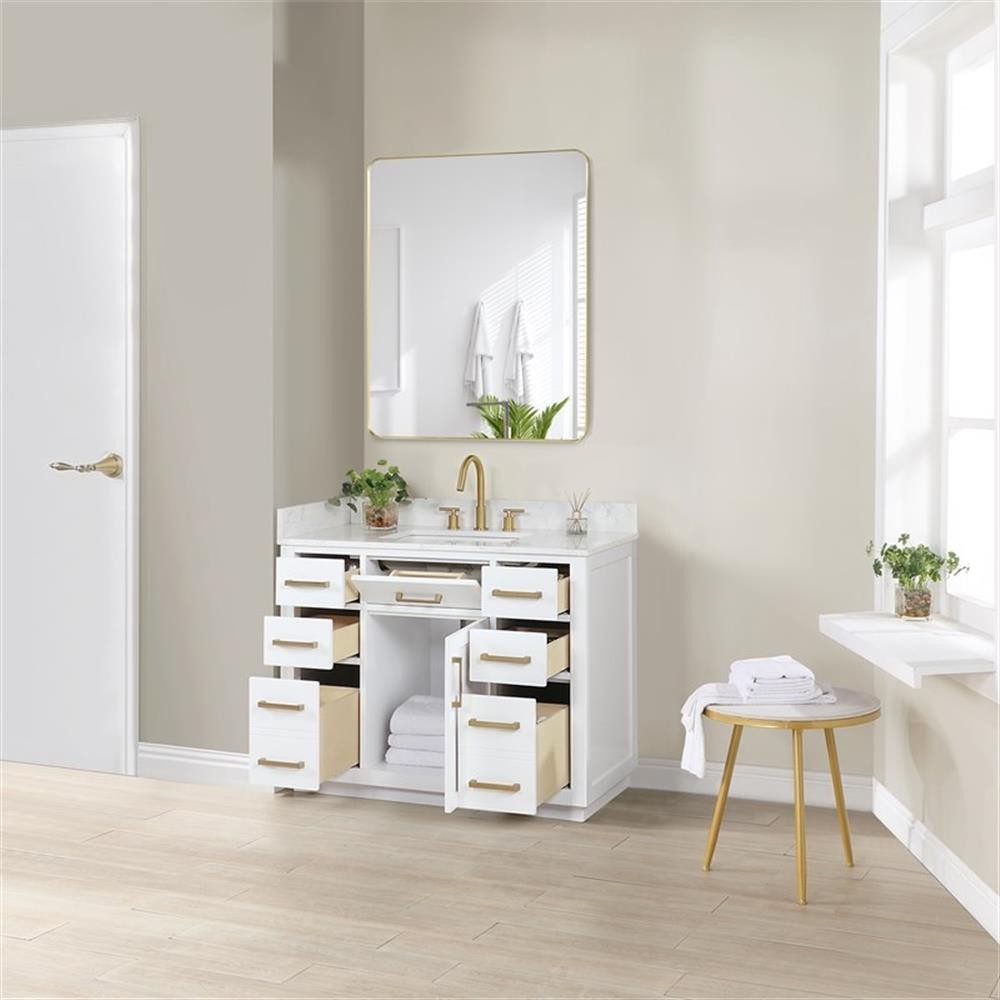Gavino 42″ Wood Vanity in White with Composite Stone Top with Mirror