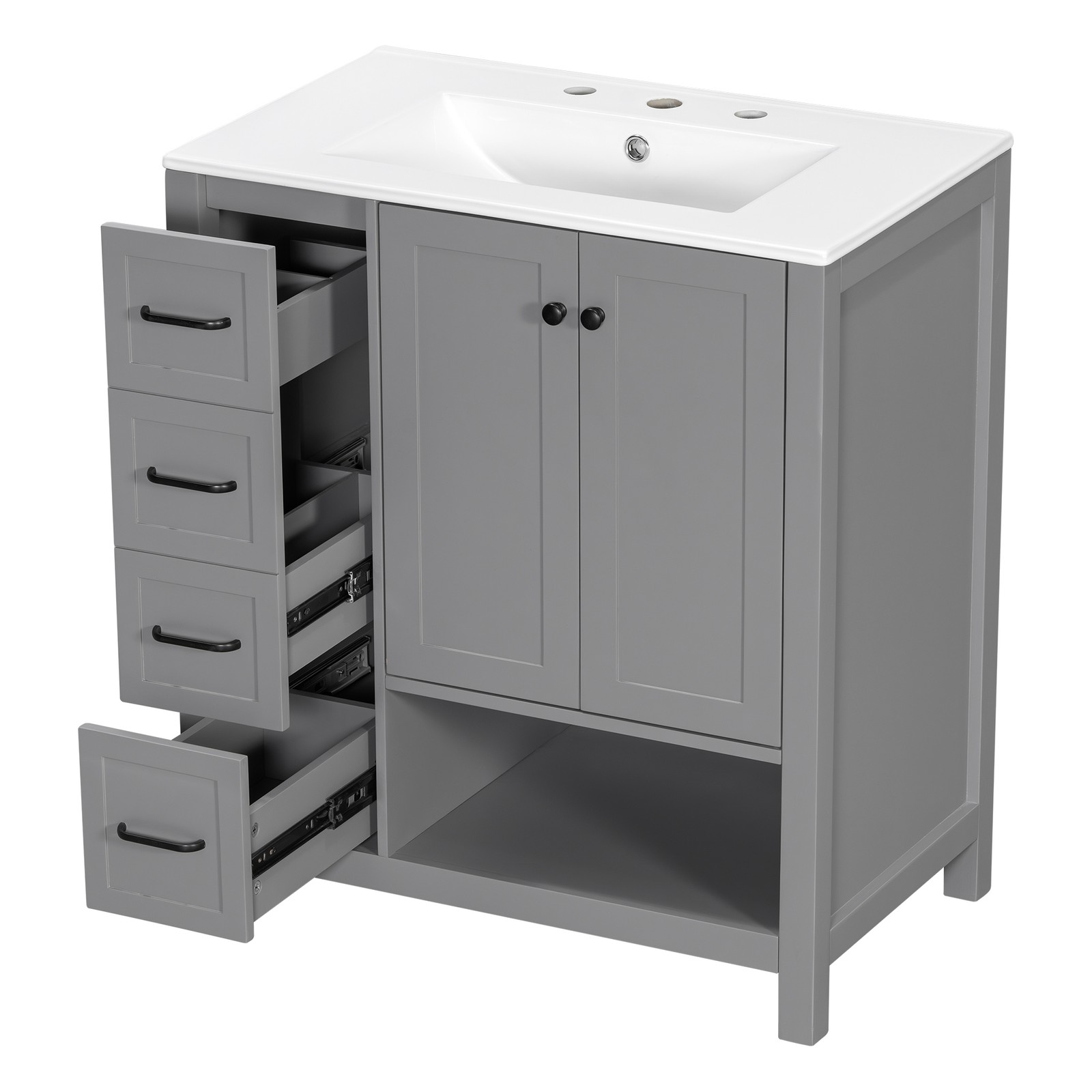 30″ Bathroom Vanity with Sink, 2 Doors & 2 Drawers, Solid Wood, Gray