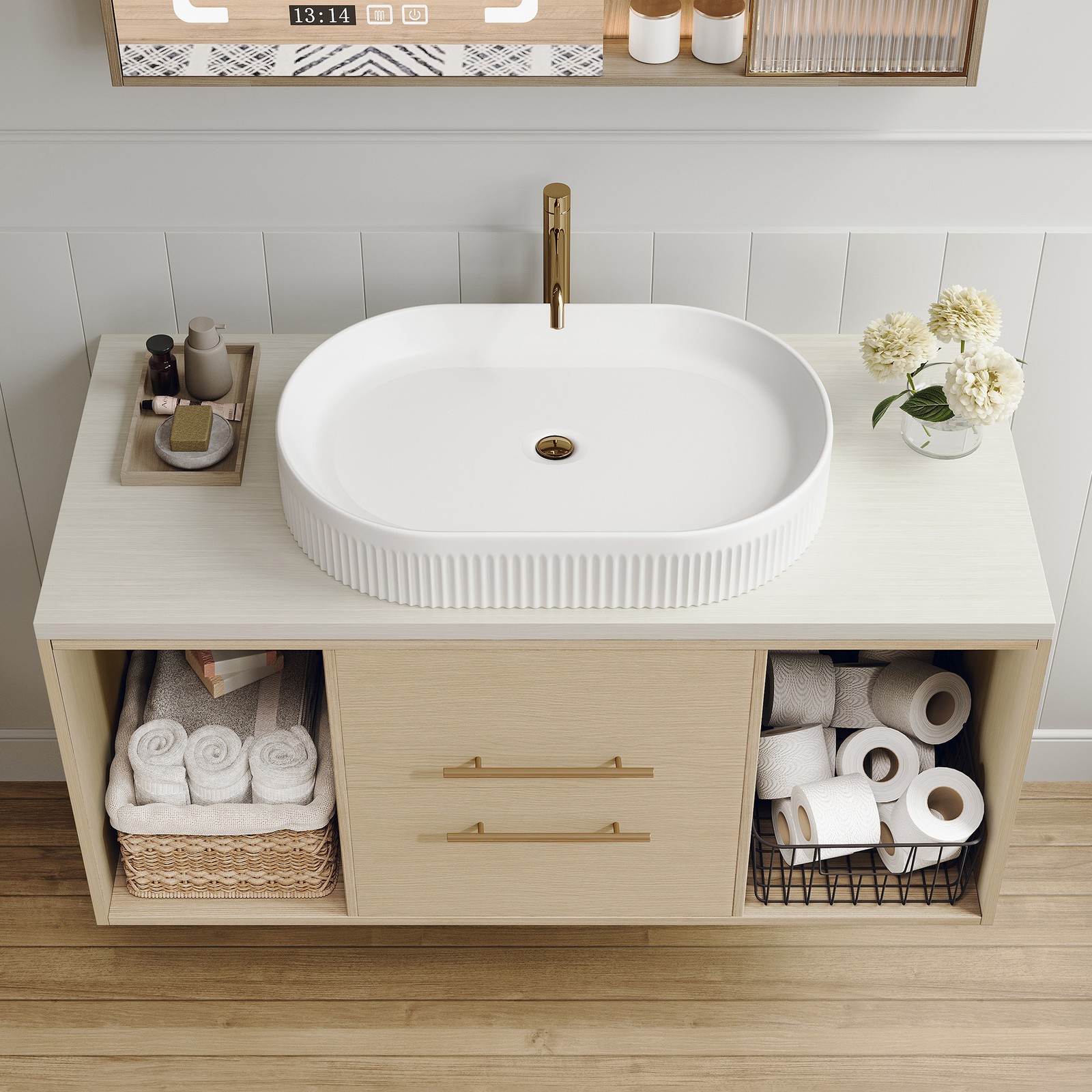 Modern 39.3 Wall-Mounted Bathroom Vanity with Oval Ceramic Sink Floating Vanity
