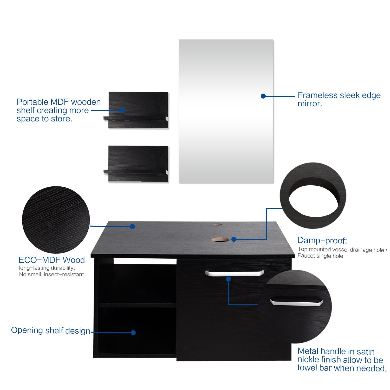 28 Inch Bathroom Vanity Floating Cabinet 2 Shelves With Vessel Sink Faucet Set