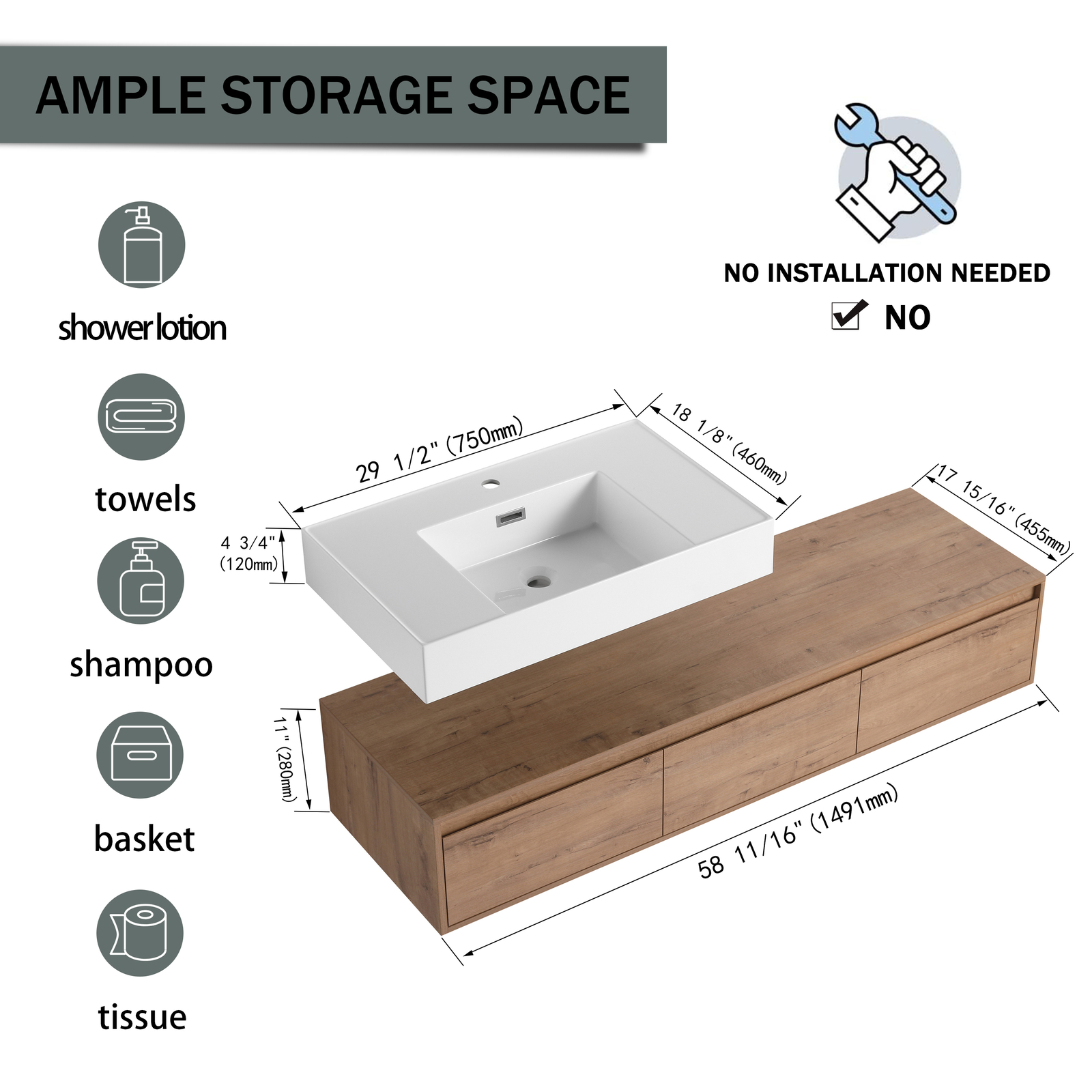 60″ Wood Wall Mount Bathroom Vanity Resin Sink Floating Vanity Sink Vessel Sink