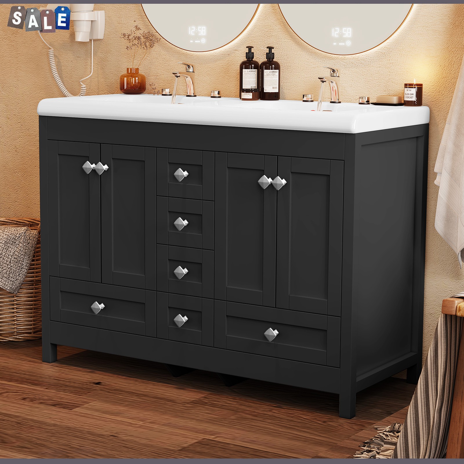 5 Drawers Bathroom Vanity Cabinet with Double Sink Ceramic Freestanding