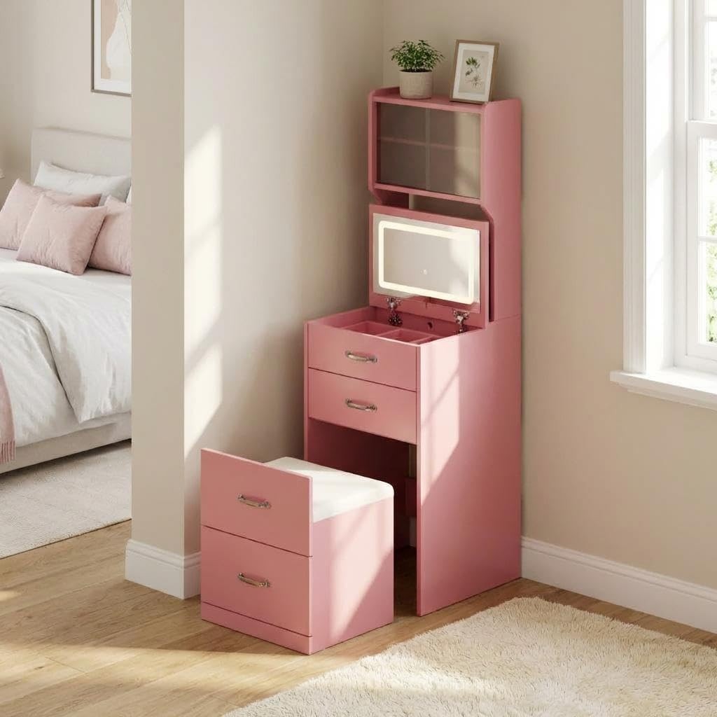 3 in 1 Vanity Flip Top Mirror Lights Collapsible Panel Hidden Stool Storage Pink