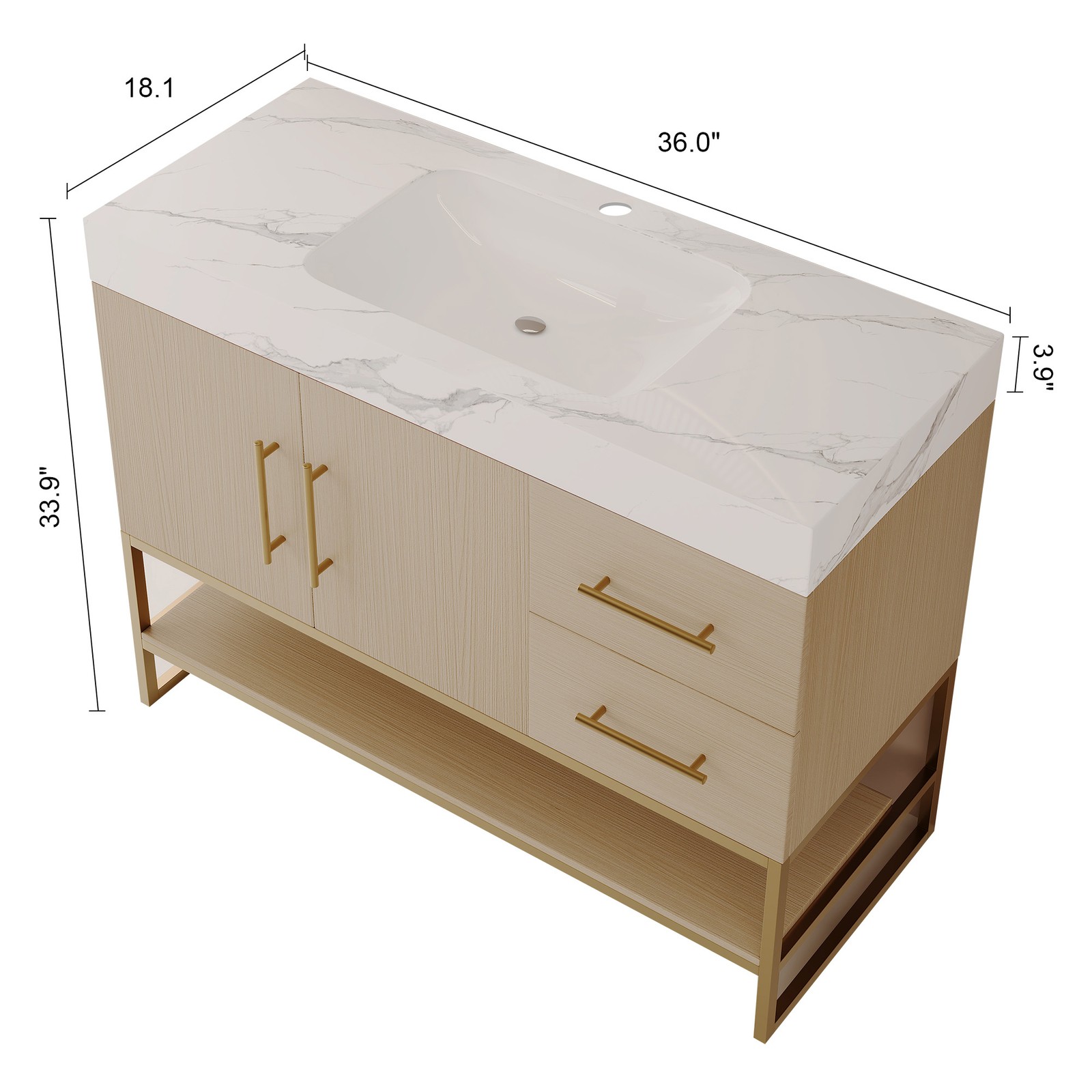 36″ Bathroom Vanity with Ceramic Sink & Stone Top, White Gold