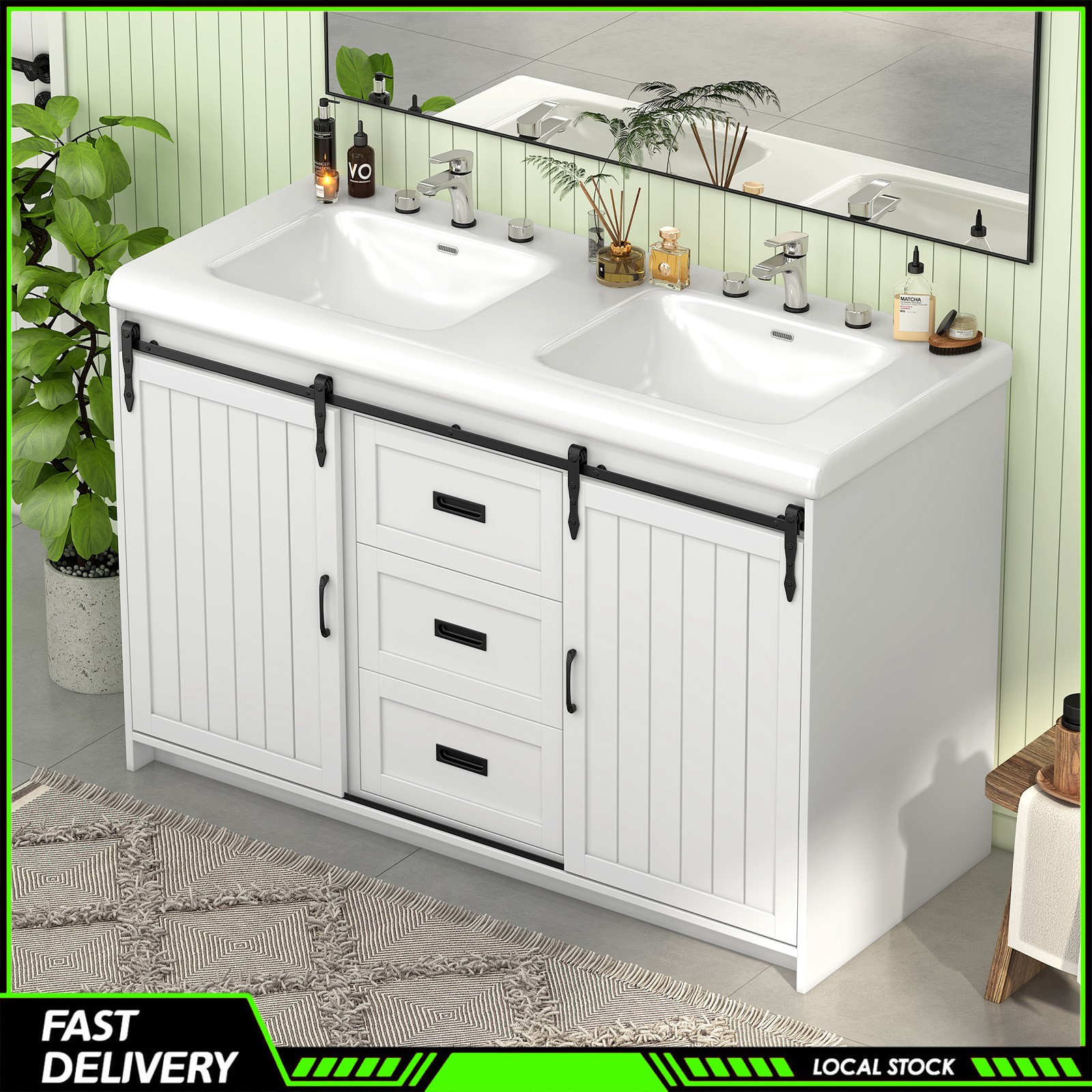 47″ Freestanding Bathroom Vanity w/ Double Ceramic Sink &2 Drawers Storage Space
