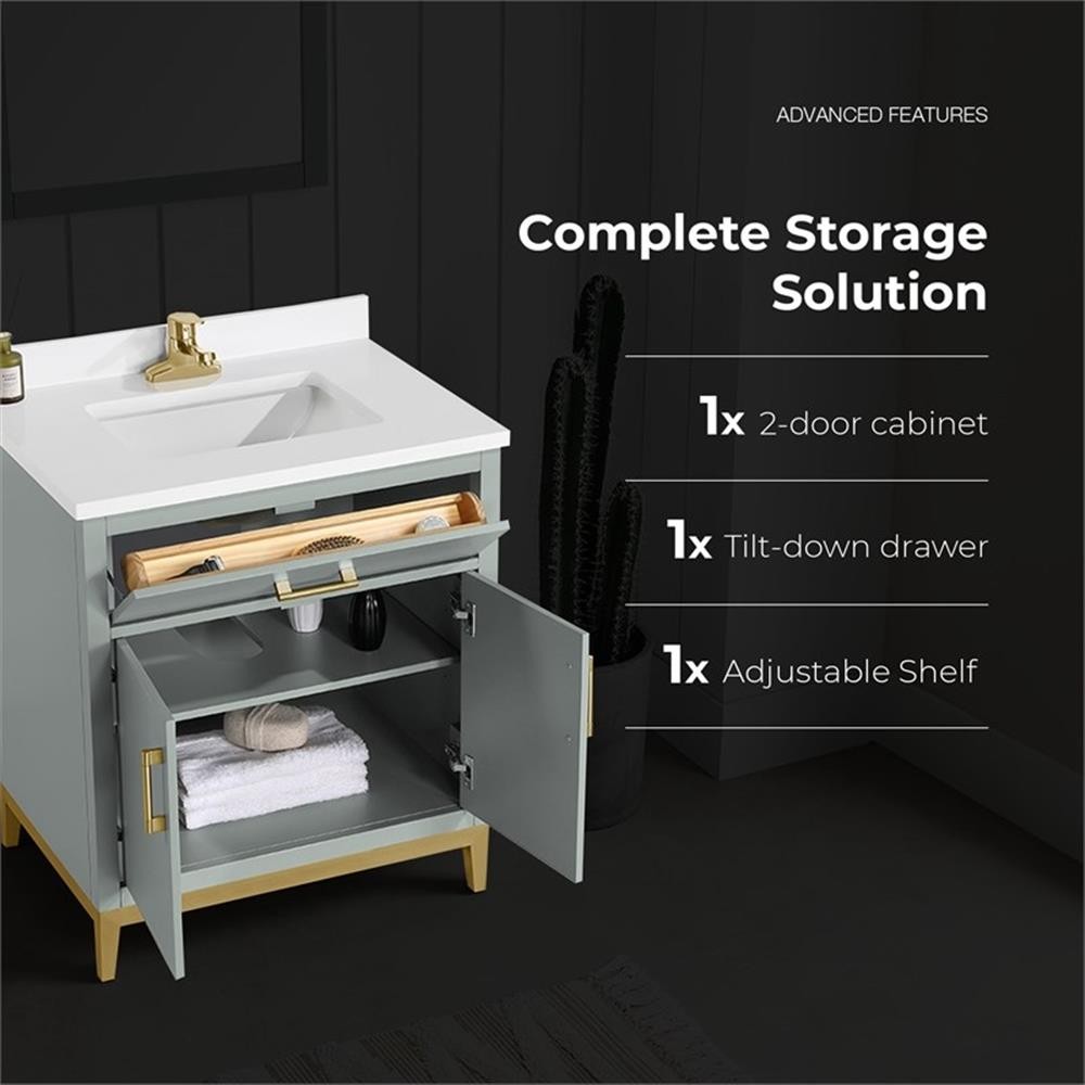 Pemberly Row 30″ Bathroom Vanity in Sage Green with White Countertop