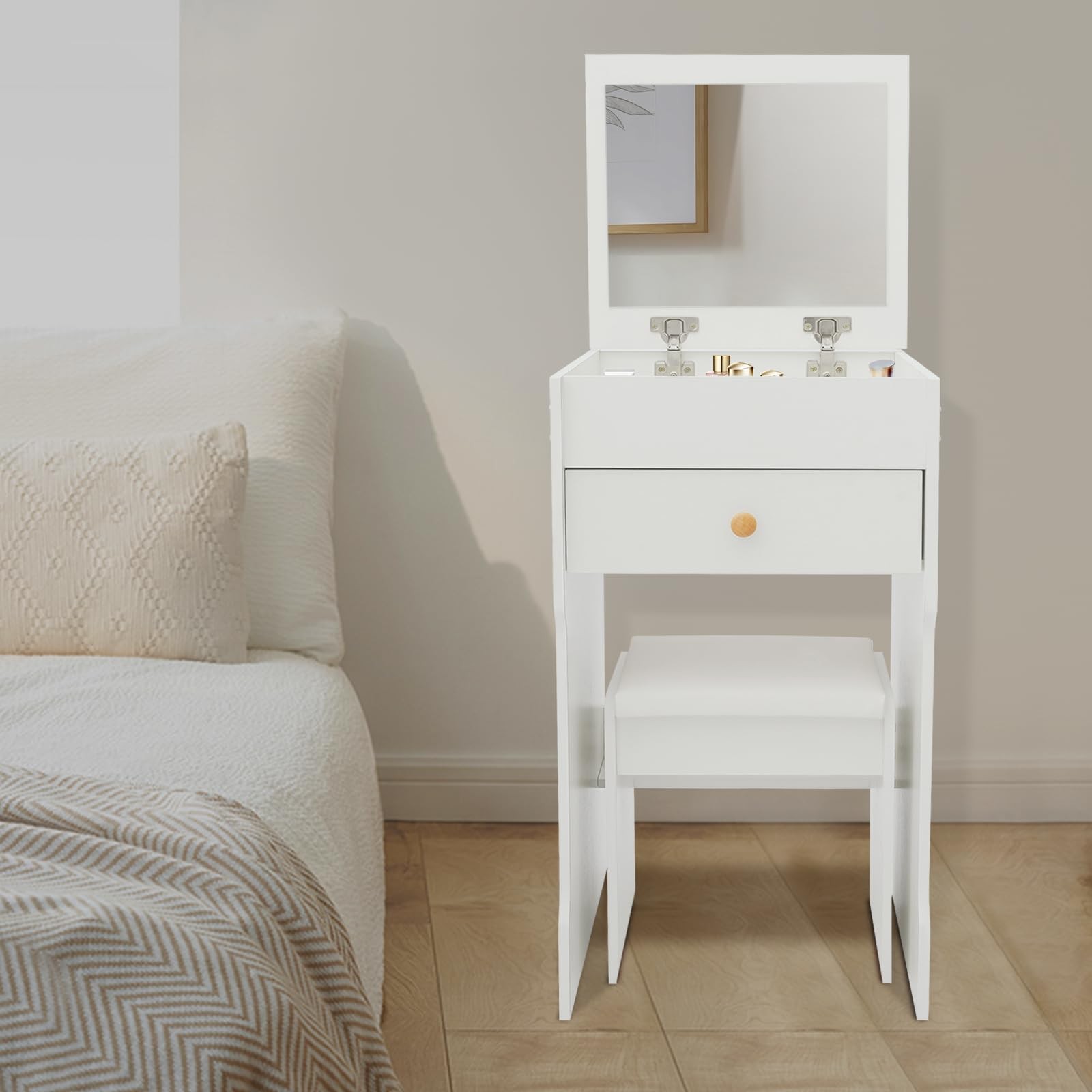 3-in-1 Flip Top Makeup Vanity Desk with Mirror Drawer and Cushioned Stool White