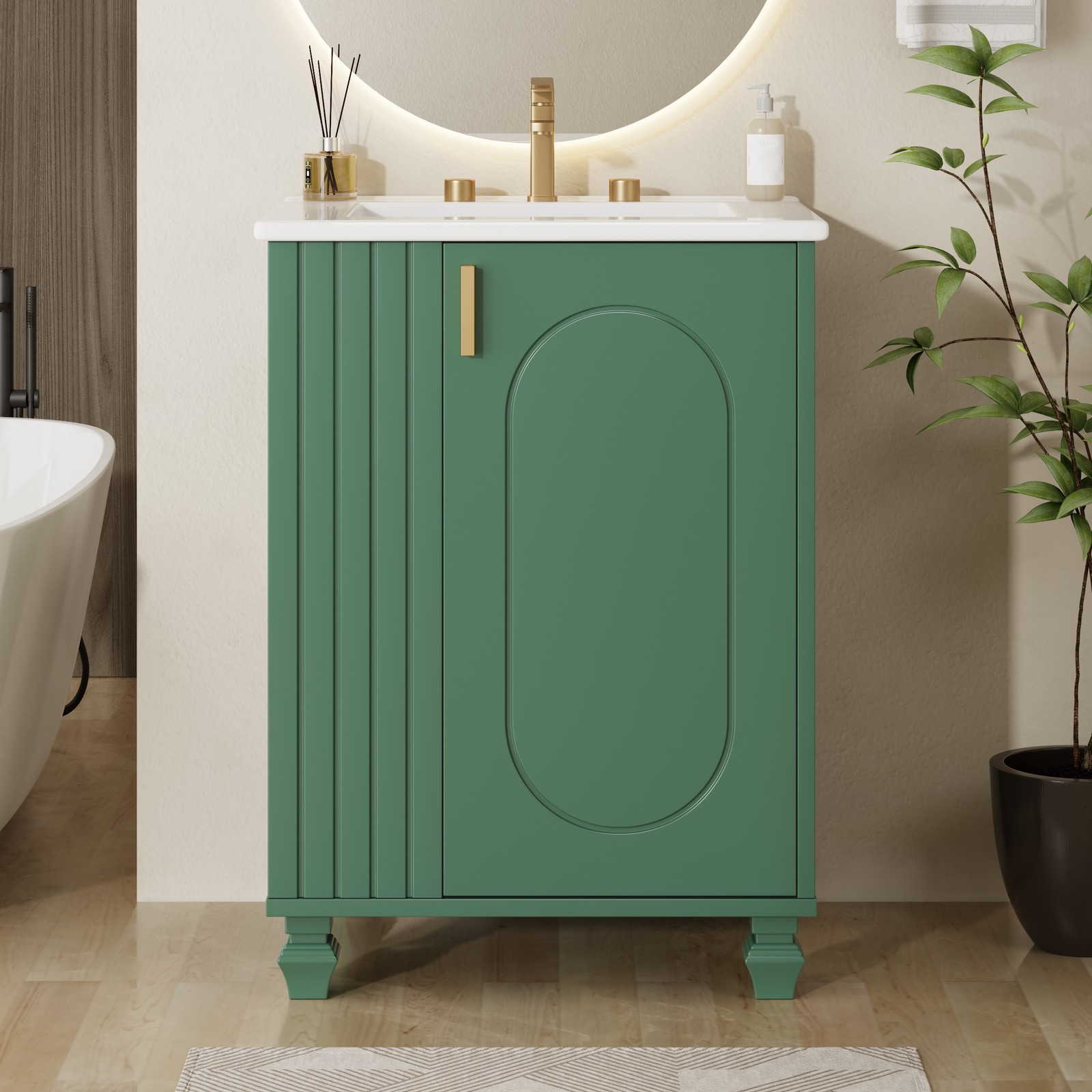 24″ Bathroom Vanity w/Sink，Freestanding Cabinet w/Door Shelf and Open Storage