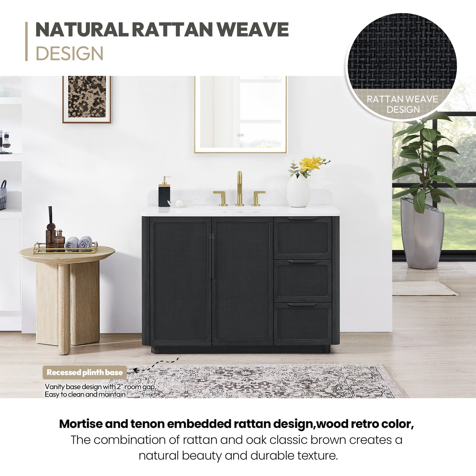 Busan 48″ Single Bath Vanity in Oak Classic Black with White Quartz Stone Top