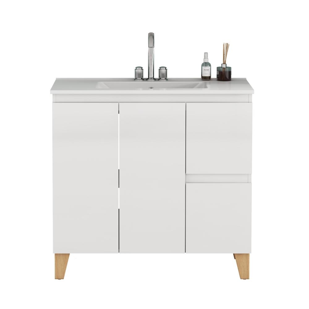 Bathroom cabinet with sink, double doors, and two drawers