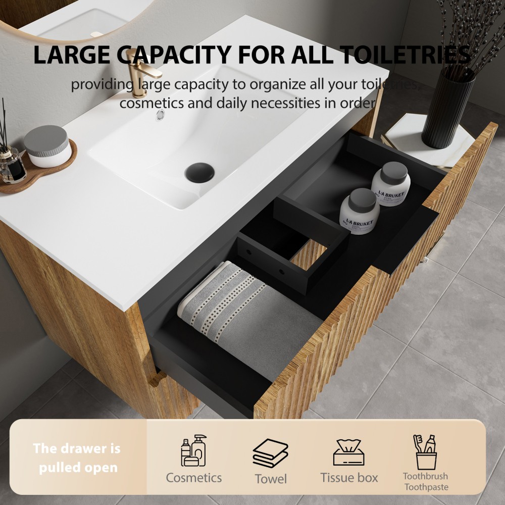35.04 in Modern Golden Oak Floating Vanity with Ceramic Sink