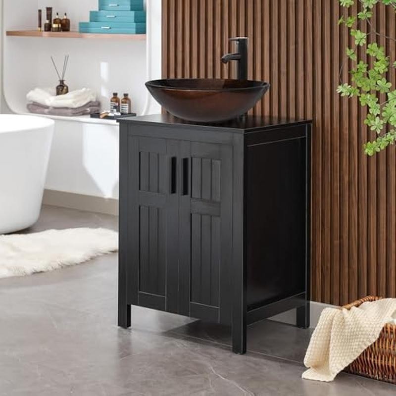 24 In Bathroom Vanity Vessel Sink Modern Cabinet Grooved Doors Metal Handles New