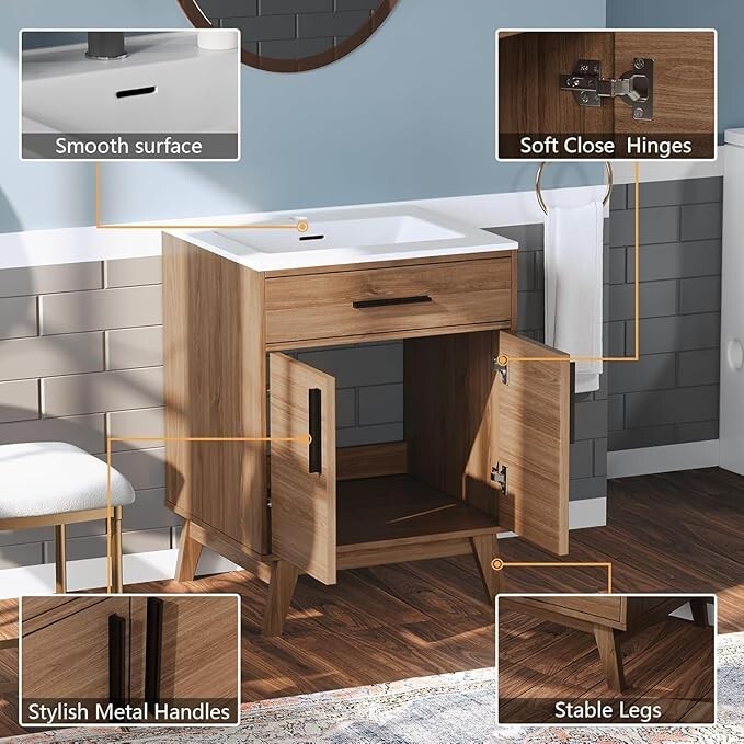 AMERLIFE 24.5″ Bathroom Vanity with Sink Combo, Mid-Century Modern Small Single