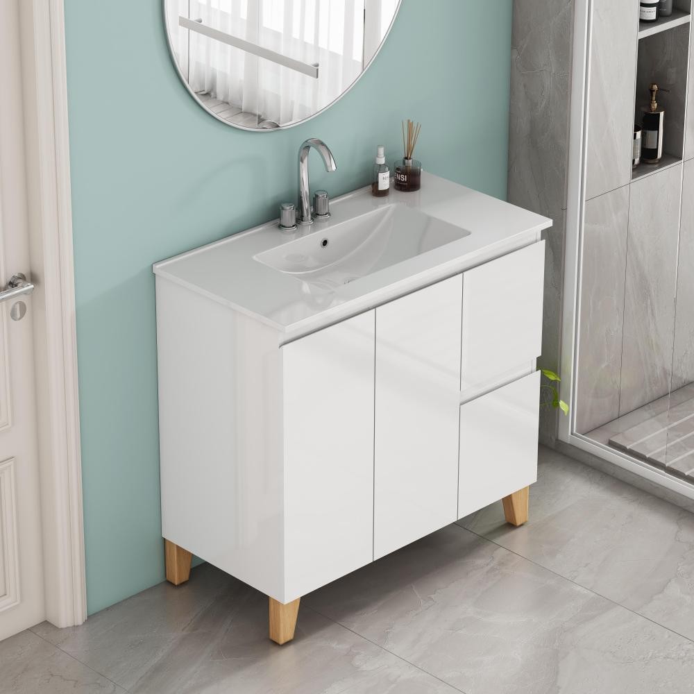 Bathroom cabinet with sink, double doors, and two drawers