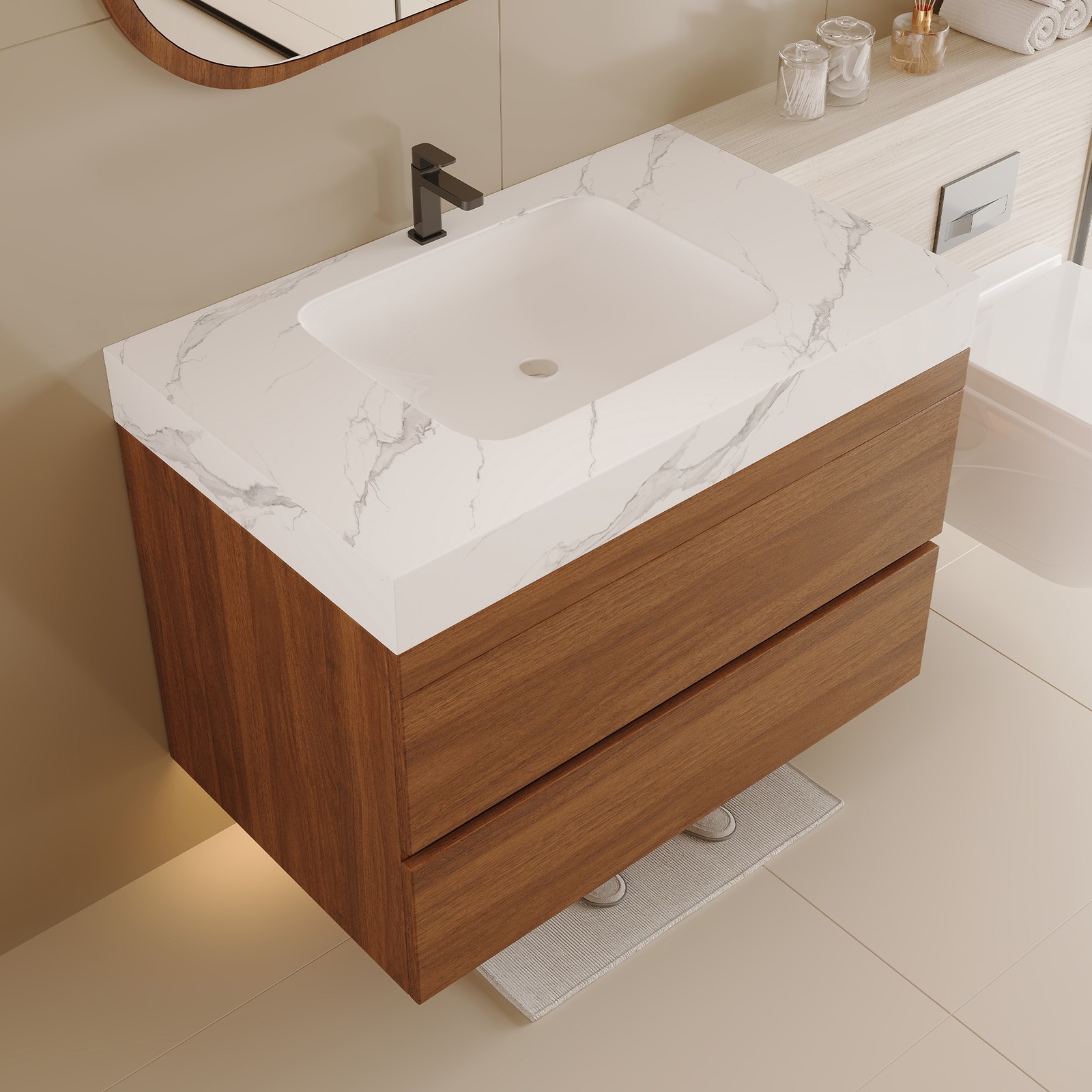 29.9″ Modern Floating Bathroom Vanity Storage Cabinet w/Faux Marble Top & Sink