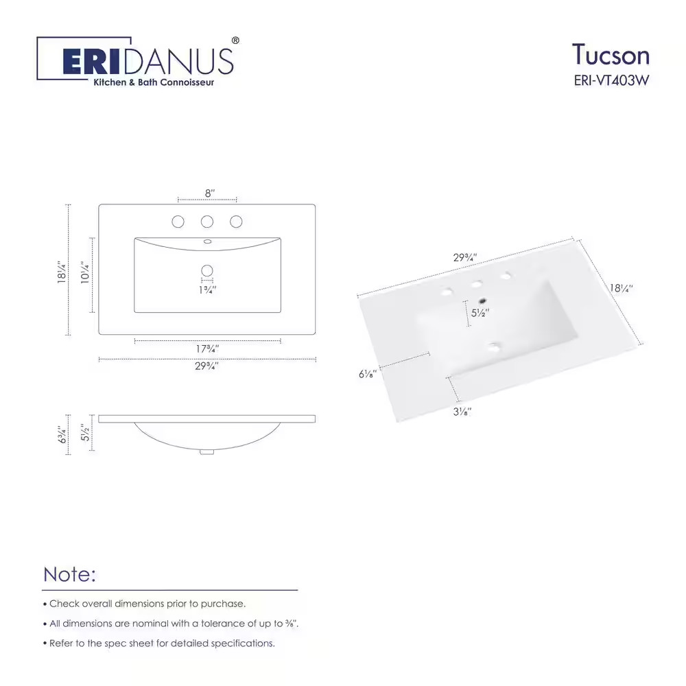 Tucson 30 In. W X 18 In. D Vitreous China Single Sink Vanity Top in White with 3