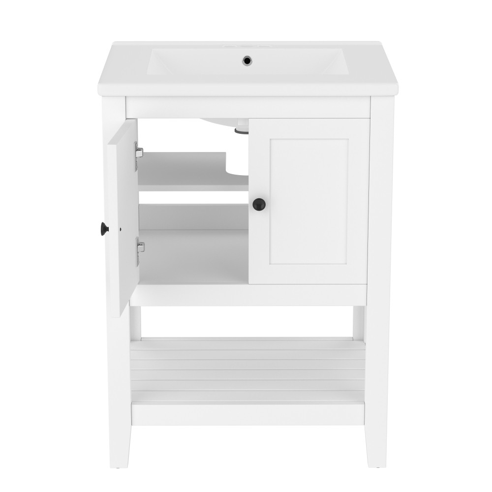 24″ White Bathroom Vanity w/Ceramic Sink & Solid Wood Frame