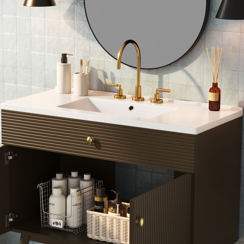 36″ Striped Bathroom Vanity,Soft-Close Dual-Door Storage &Premium Ceramic Sink