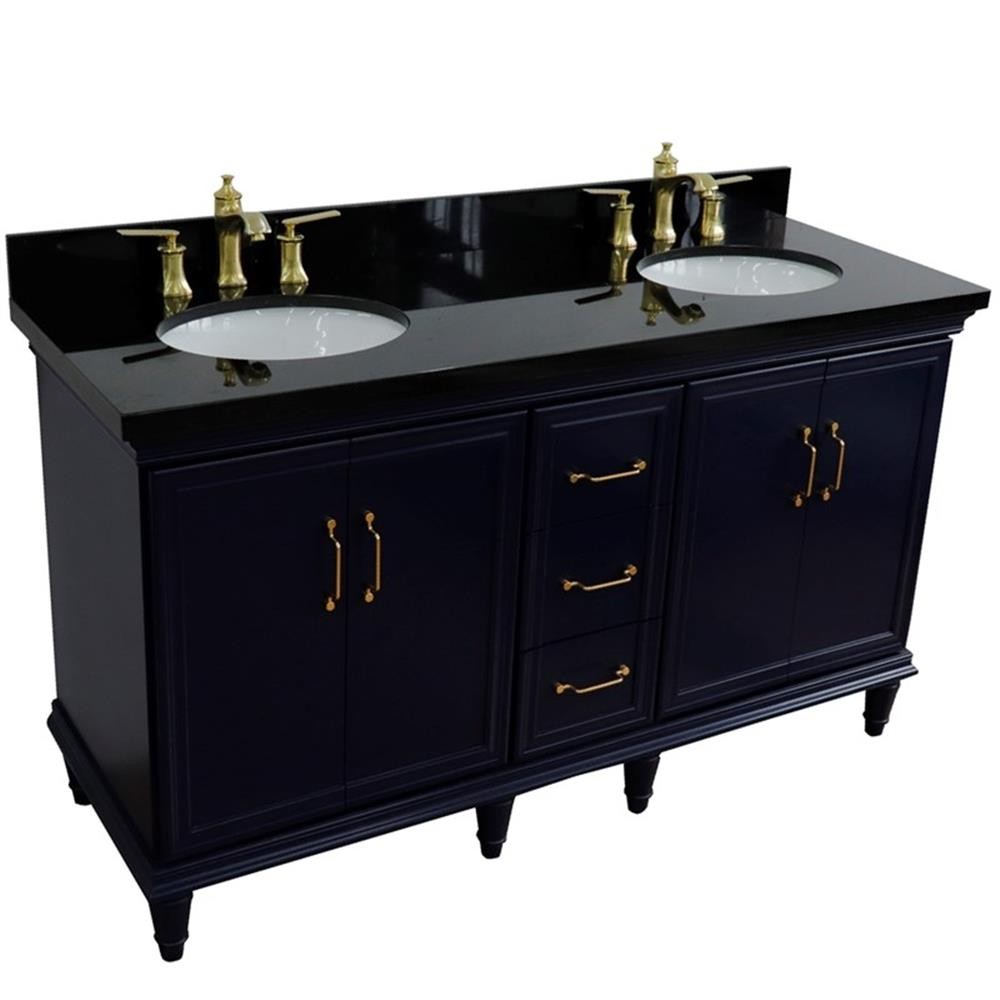 61 in. Double Wooden Vanity Blue Black Galaxy Granite Oval Sink