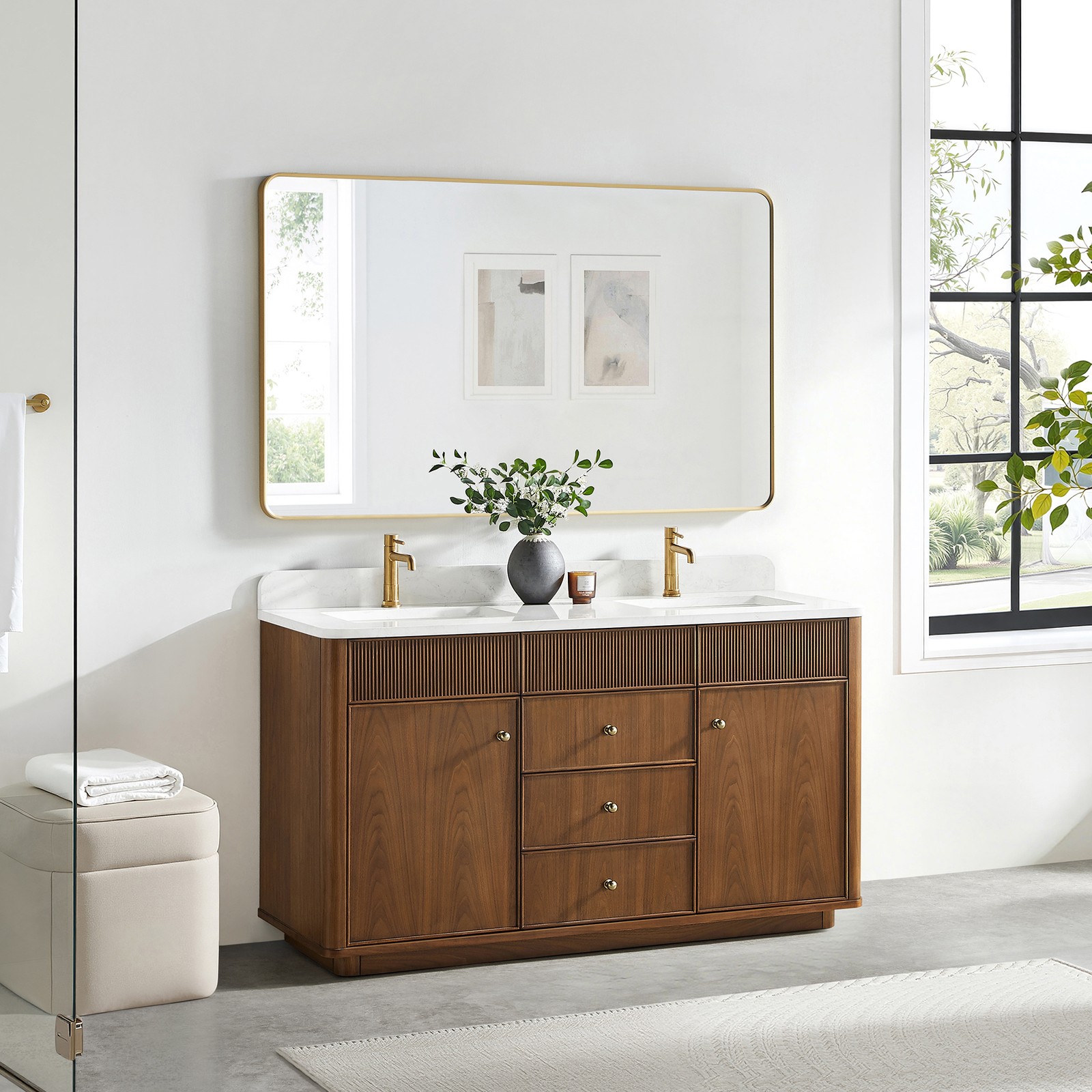 Zogno 60″ Double Sink Bath Vanity in Natural Walnut with White Grain Stone Top