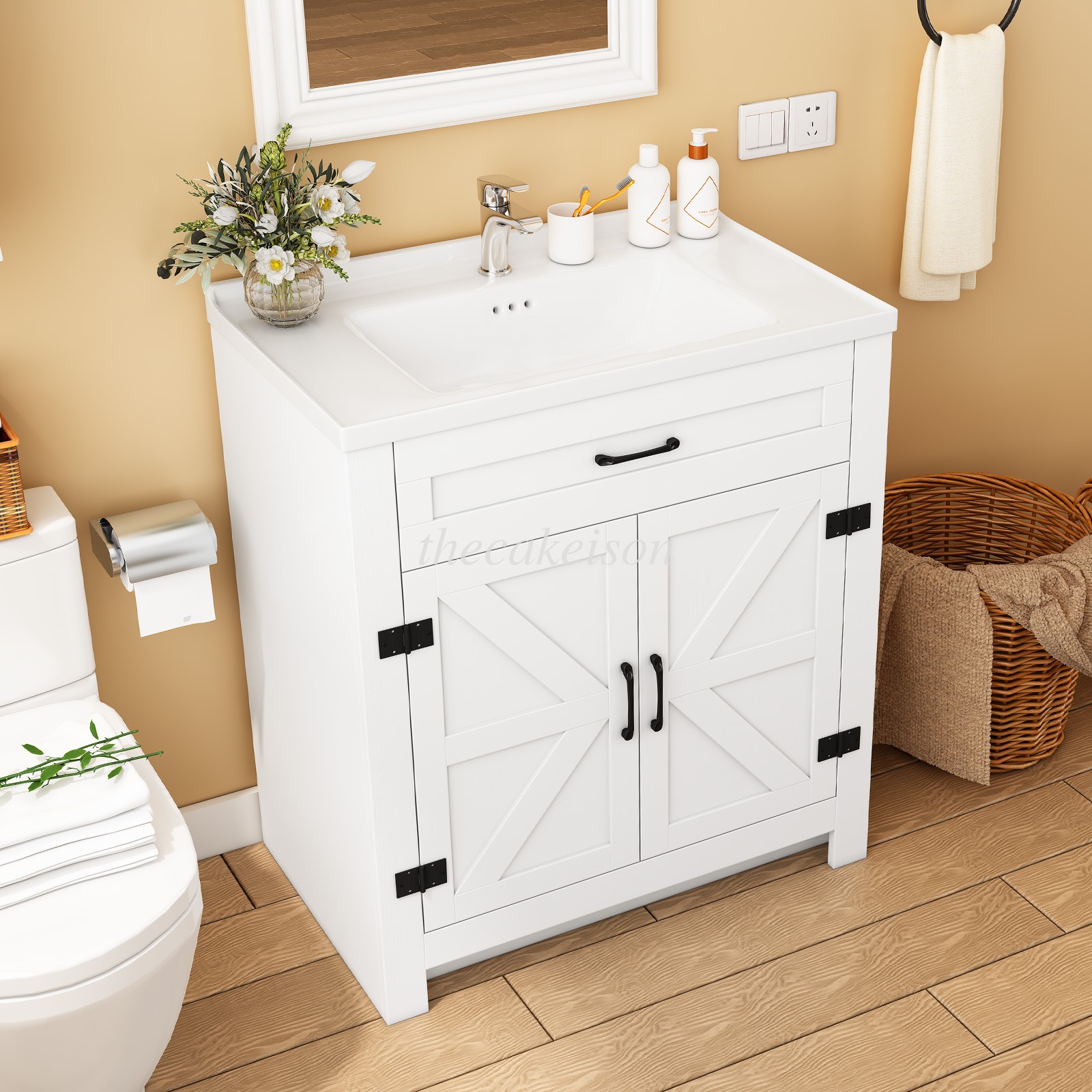 31″ Ceramic Sink Storage Bathroom Vanity Bathroom Cabinet Space with 2 Doors