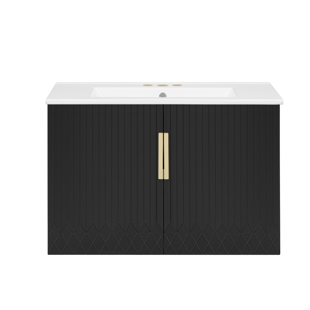 Bathroom Vanity W Ceramic Sink Three-Hole Mounting Features Two Soft-Close Doors