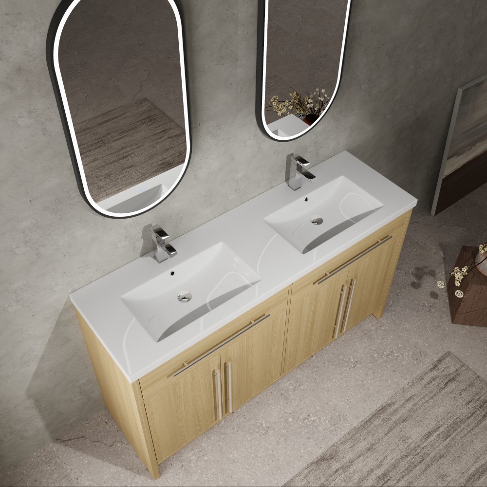 60 inch Plywood Bathroom Vanity Freestanding Double Resin Sink Storage W/2 Doors