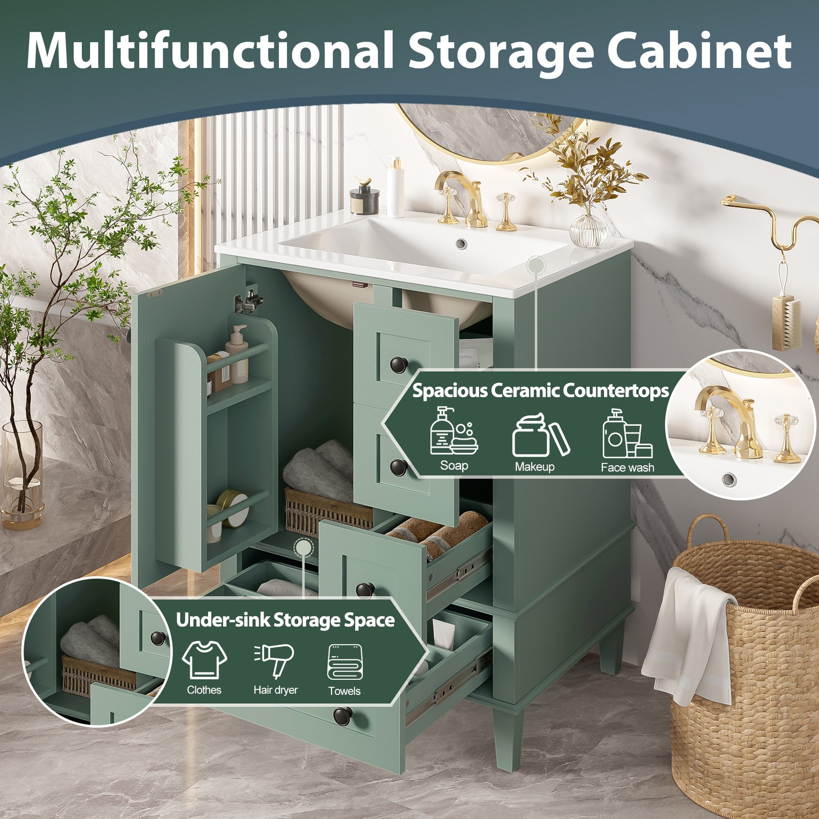 24″ Wood Bathroom Vanity Storage Cabinet with Ceramic Sink & Soft-Close Drawers