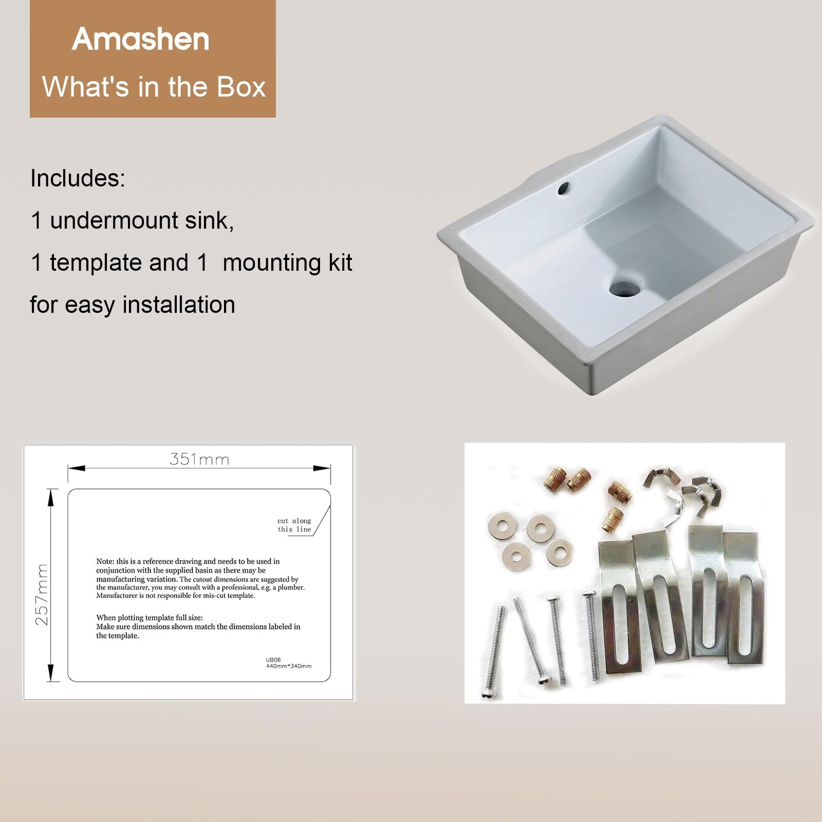 17-Inch Undermount Bathroom Sink, White Ceramic Rectangular Vanity Sink with Ove