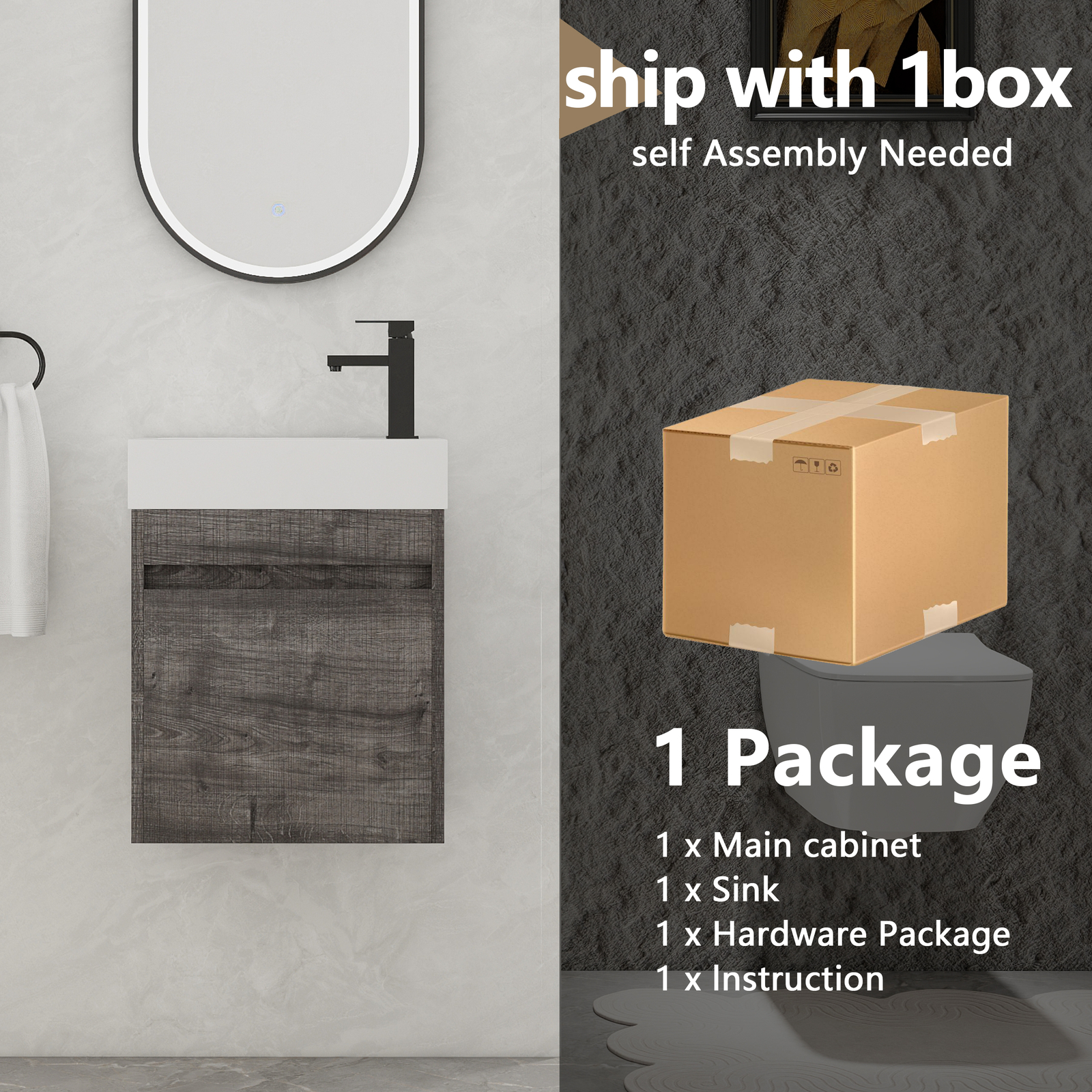 18in Wall Mounted Floating Bathroom Vanity Cabinet W/Resin Sink Small Space Gray
