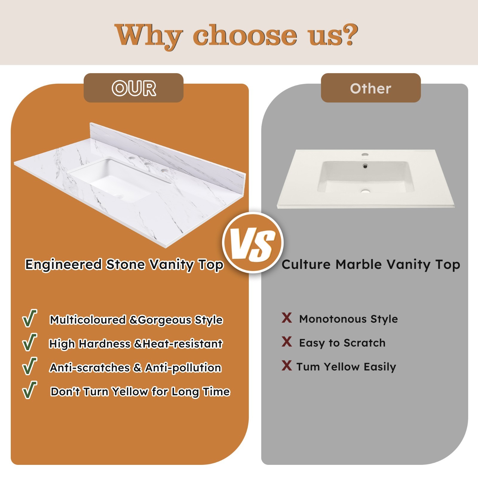 43″ White Marble Vanity Top w/ Undermount Sink, 1 Holes, 4″ Backsplash