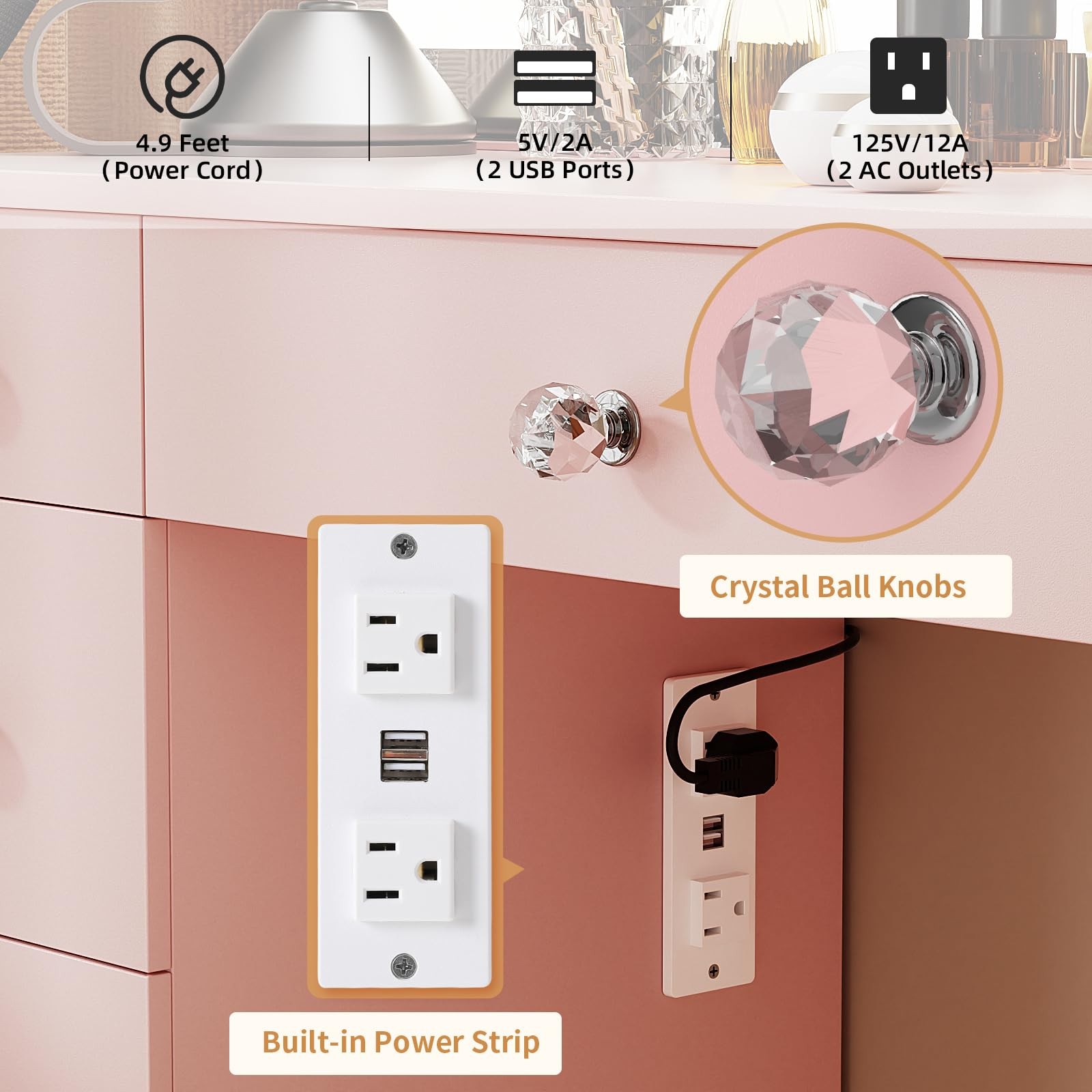 Vanity Lighted Mirror Power Outlet 9 Drawers 3 Color Lighting 43 Pink