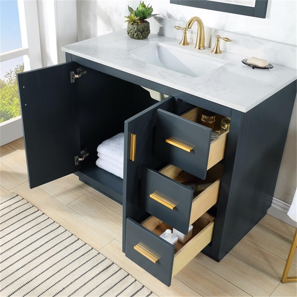 Pemberly Row 42″ Charcoal Blue Wood Vanity w/ Composite Stone Top without Mirror
