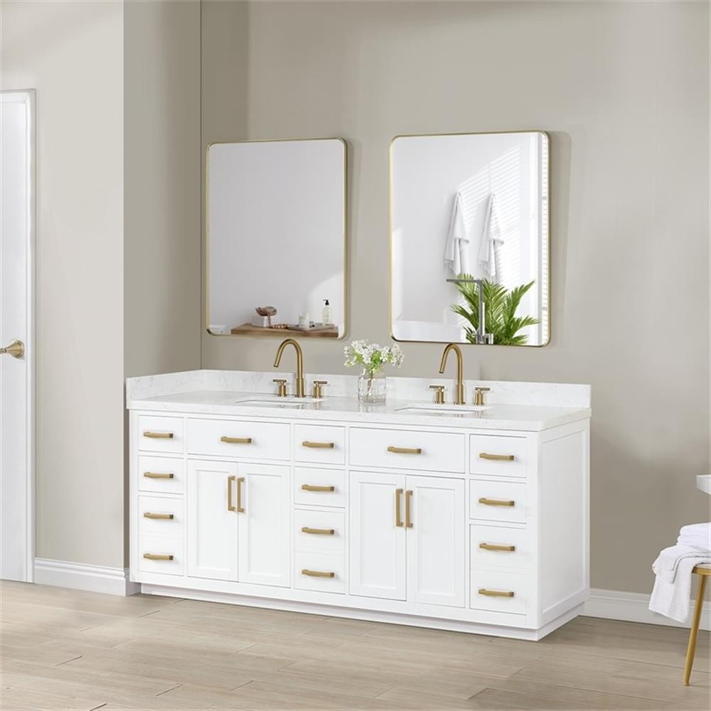 Gavino 84″ Wood Vanity in White with Composite Stone Top with Mirror