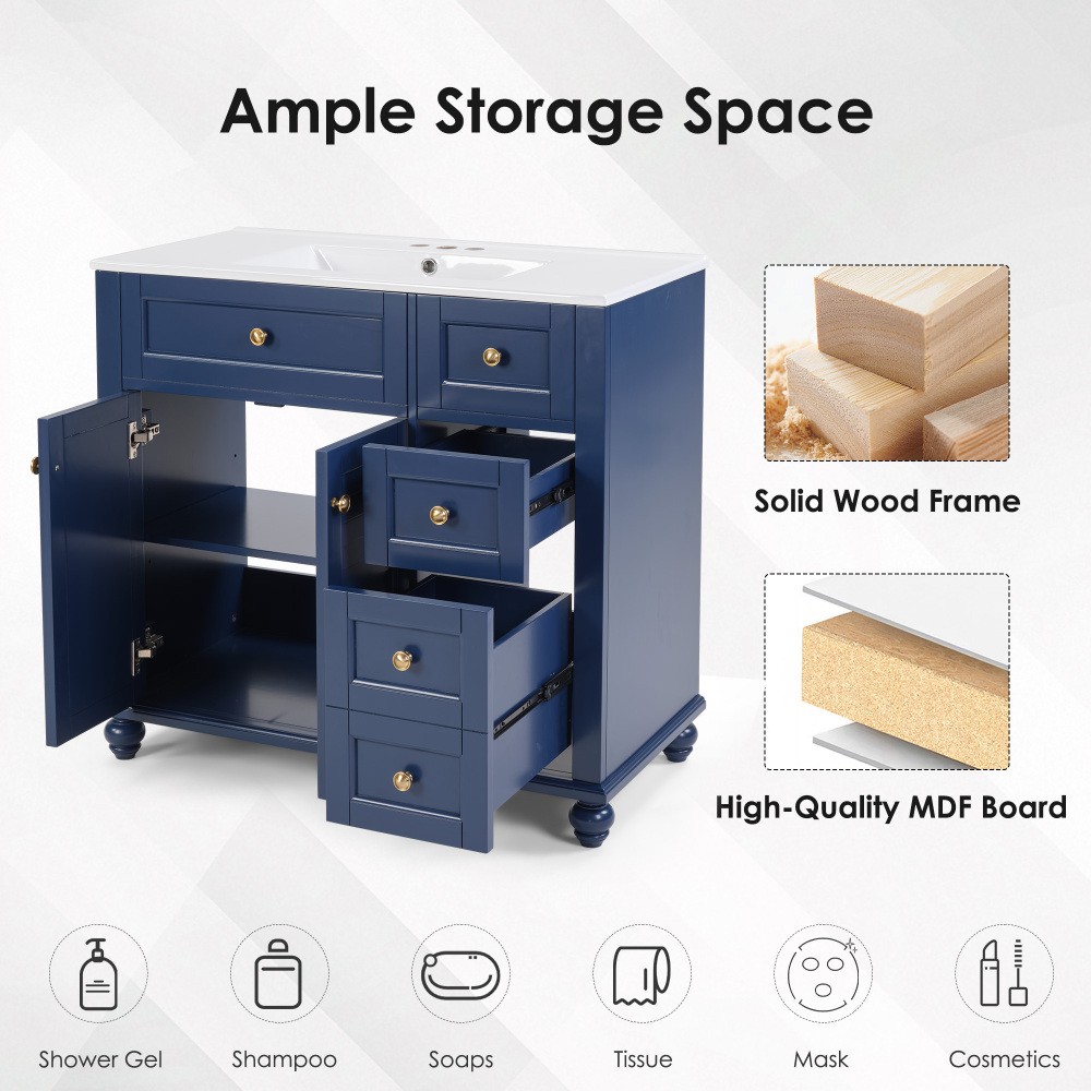 36″ Blue Bathroom Vanity with Ceramic Sink, Soft-Close Drawers, Solid Wood Frame