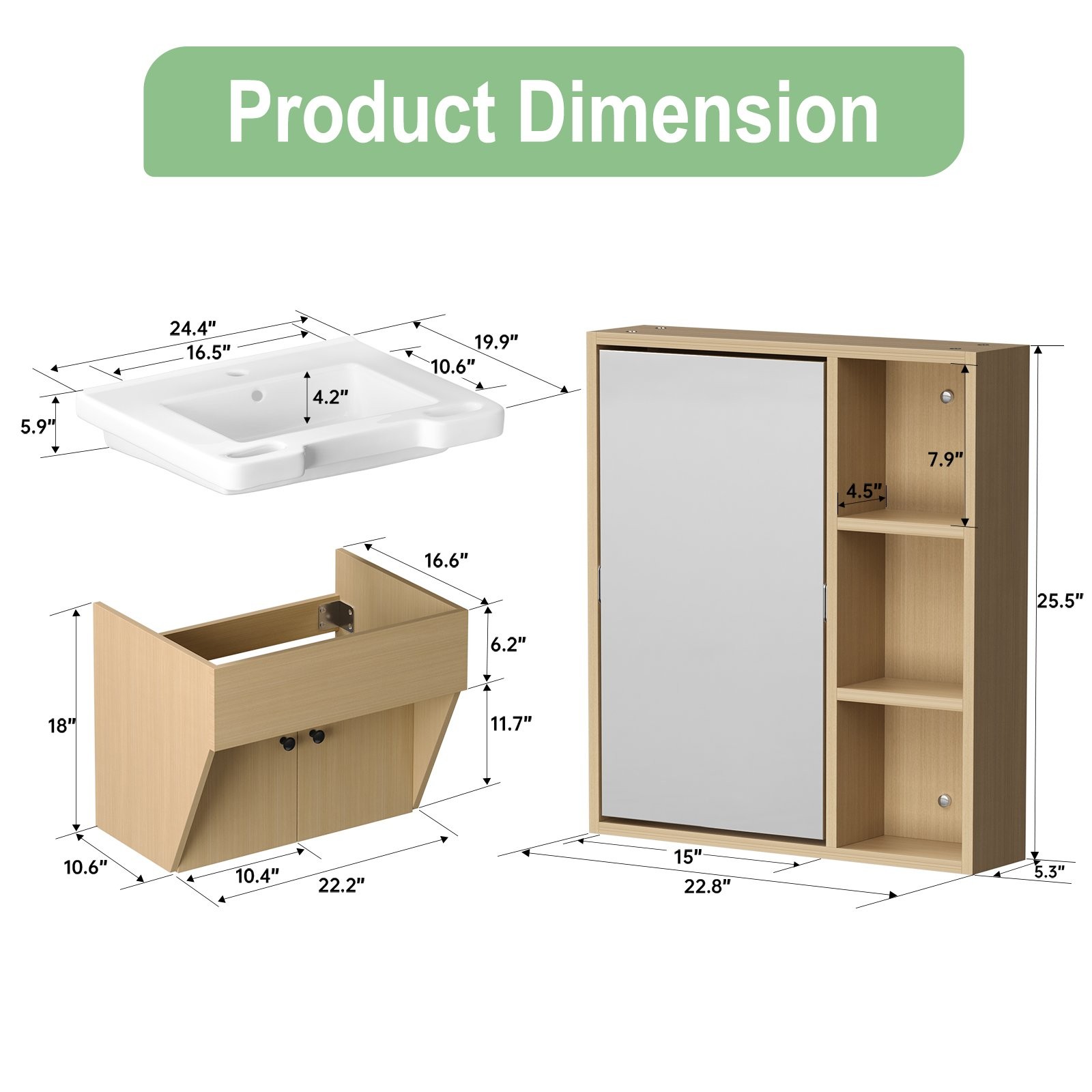 24″ Wall-Mount Small Bathroom Vanity w/ Sink Mirror Cabinet Combo for Elderly