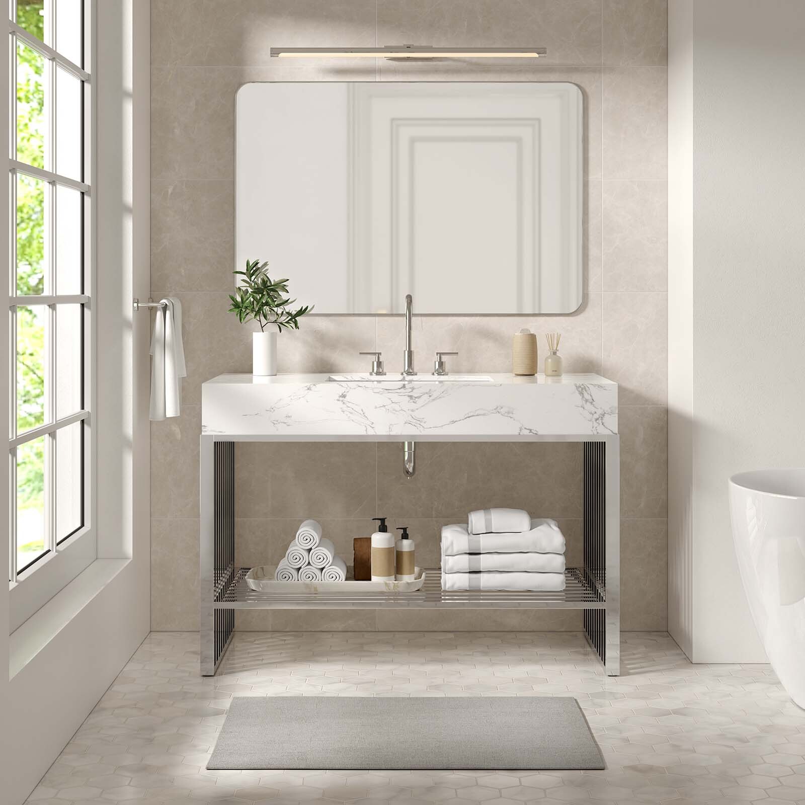 Modway Gridiron Bathroom Vanity in White Silver