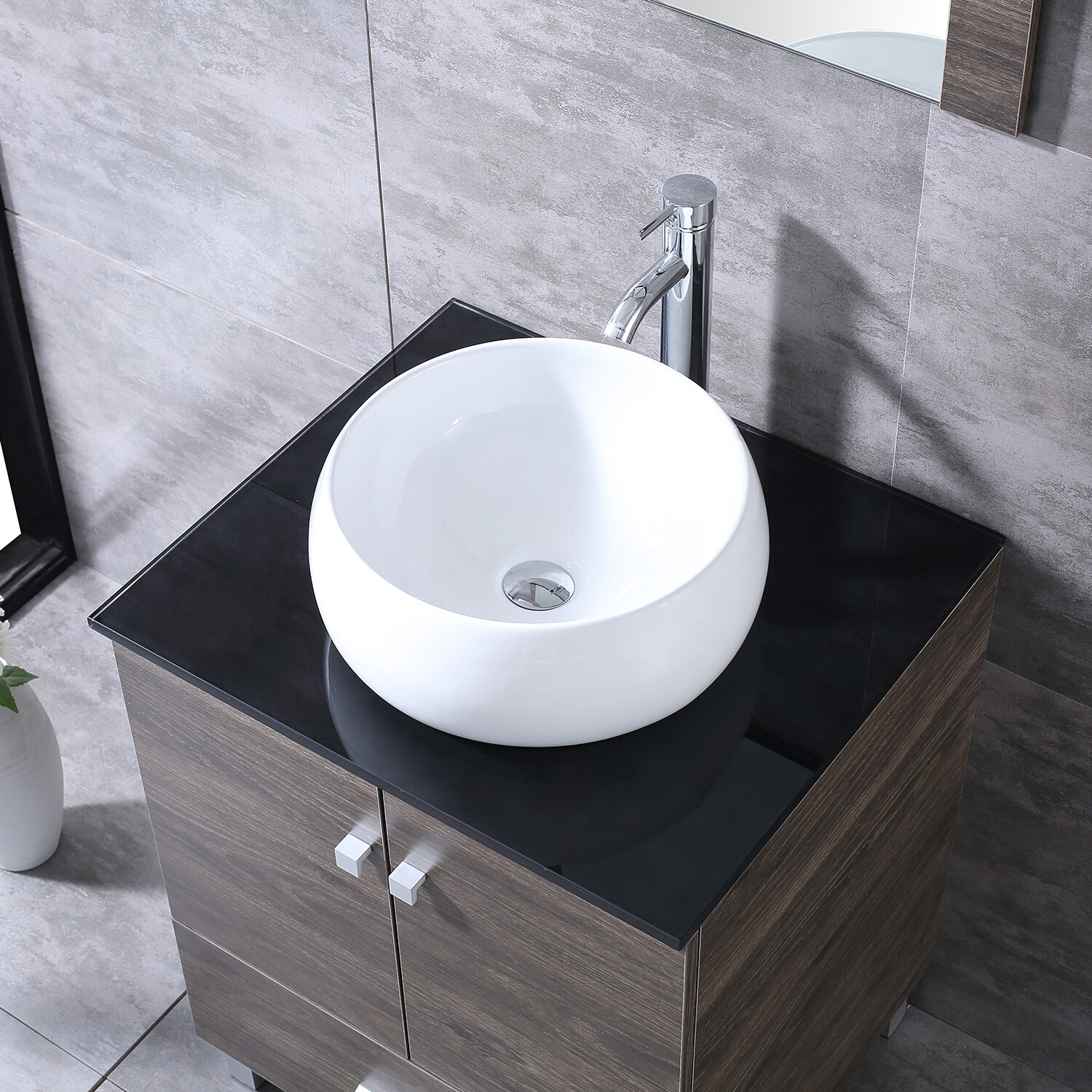 24″Bathroom Vanity Wood Cabinet White Ceramic Sink Bowl Basin Brown Mirror Combo
