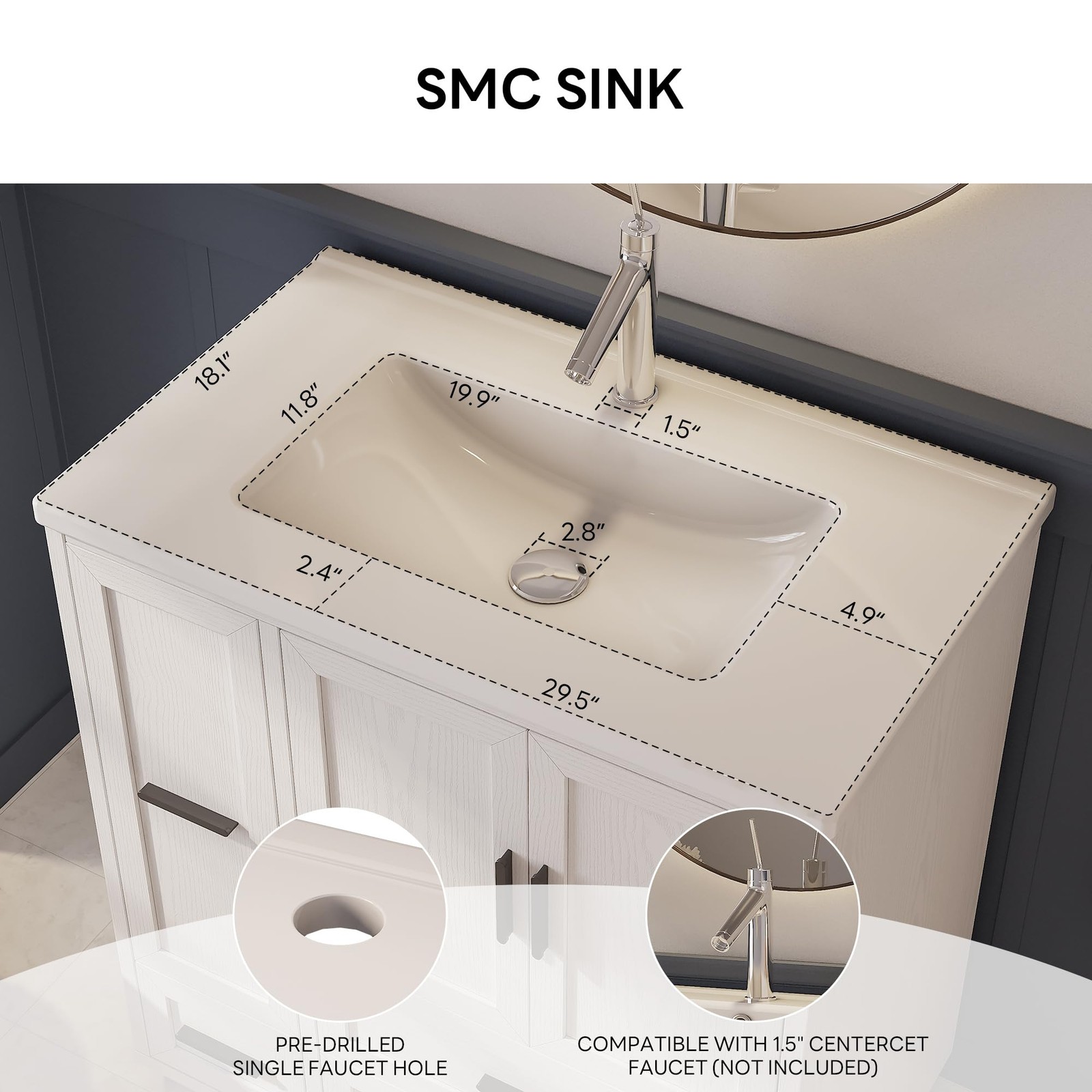 29.5″ Bathroom Vanity with Sink, Hair Tool Drawer, 4 Solid Legs, 4 Drawers 2 …