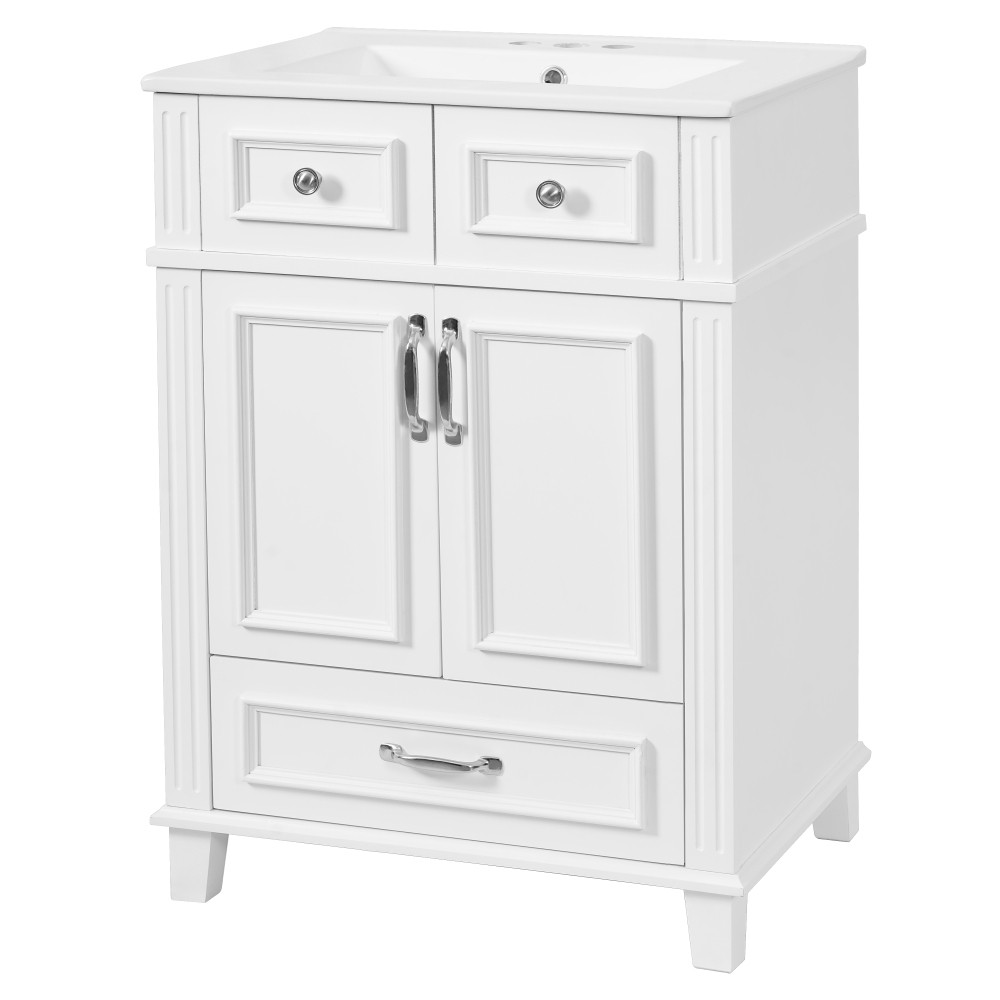 24″ Bathroom Vanity w/ Ceramic Sink, Solid Wood Frame, Soft Close Doors, White