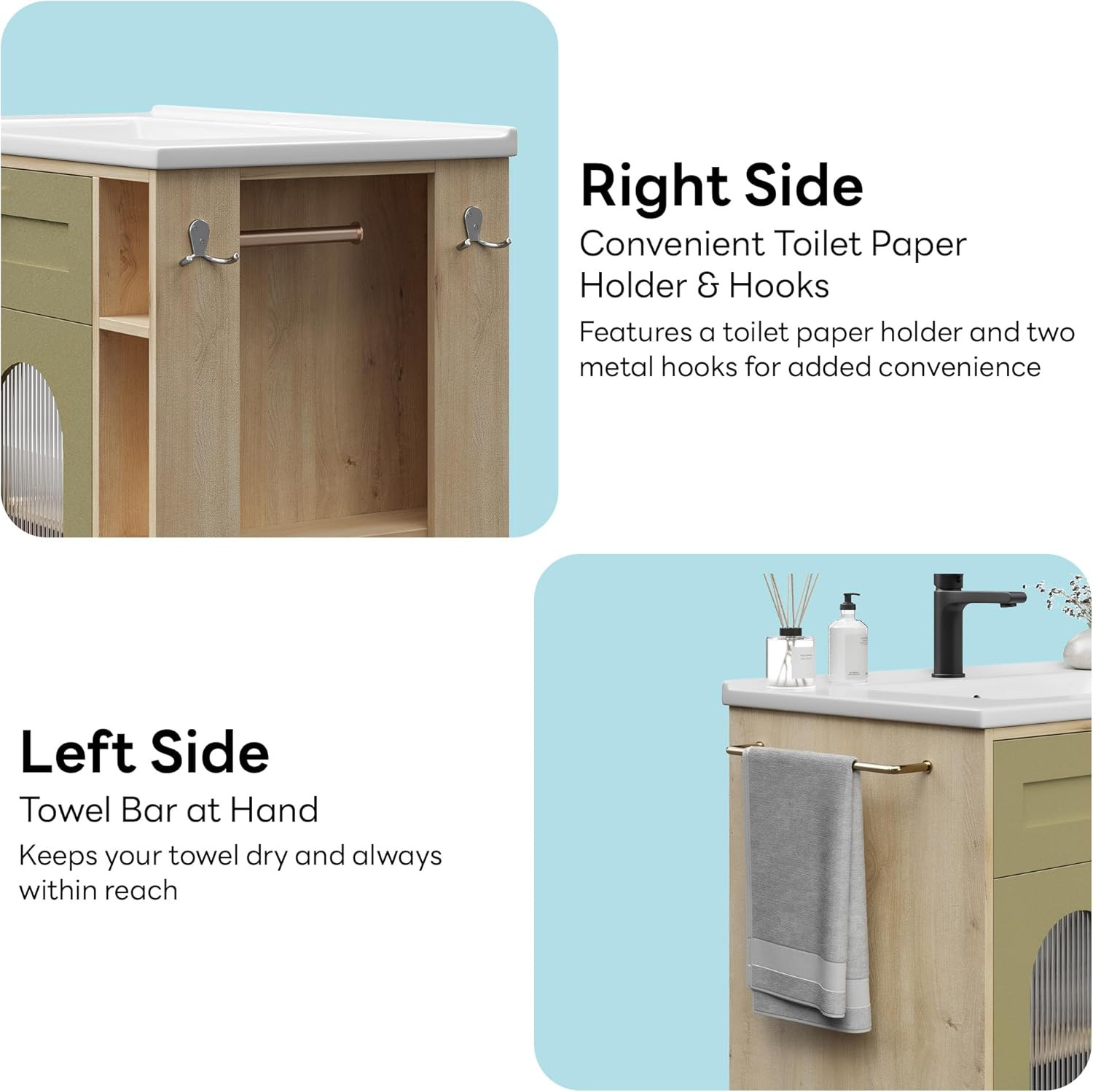 30″ Bathroom Vanity with Sink & Storage, Solid Wood Legs, Towel Bar Included