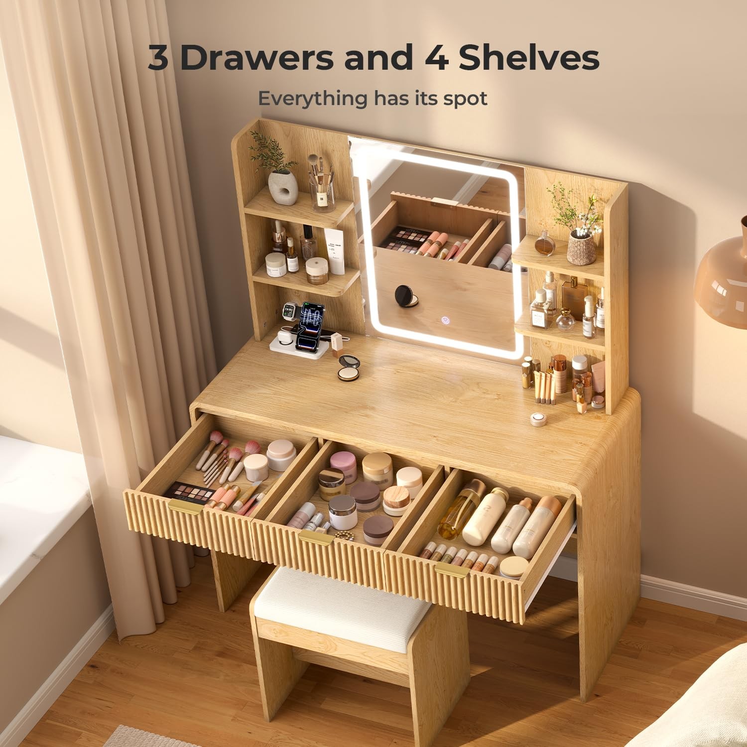 Fluted Vanity Desk with Mirror Light, Stool, Power Outlet Natural