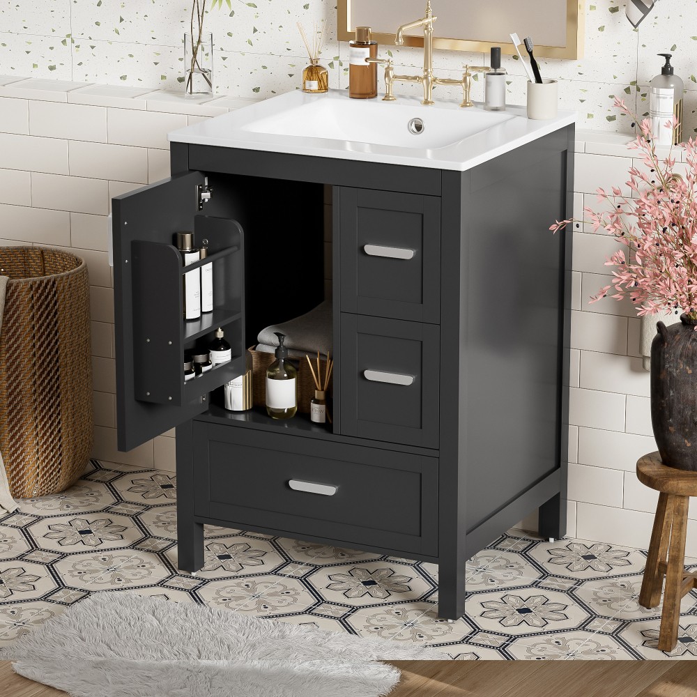 Bathroom vanity with sink Features double-door cabinet Includes three drawers